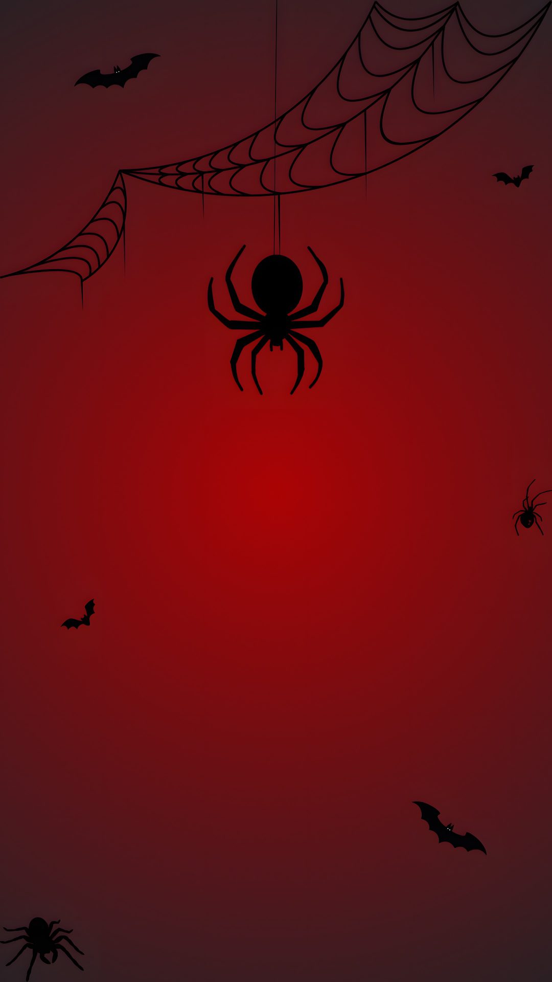 a spider hanging from a web in front of a red sky with bats flying around Spider Halloween maroon