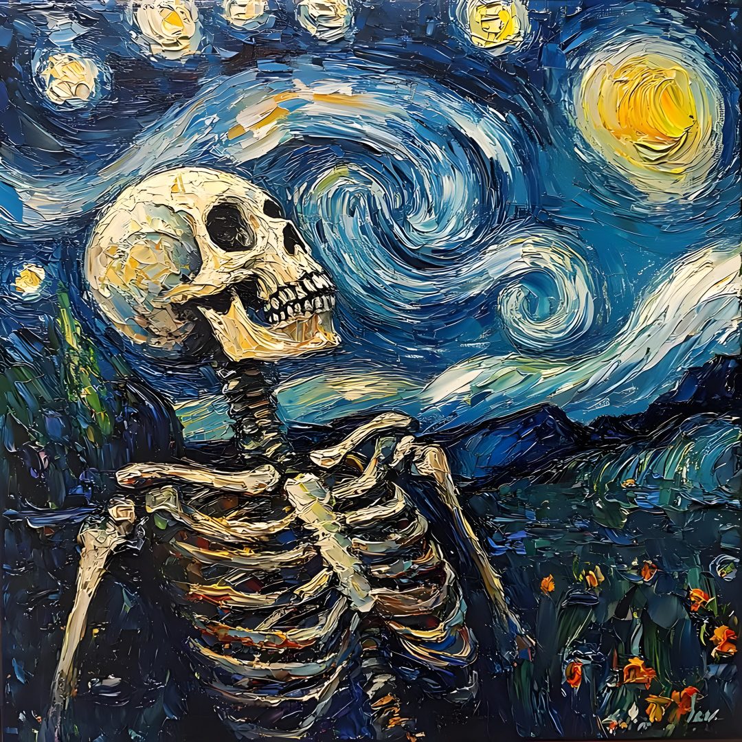a painting of a skeleton with the starry night in the background Halloween Van Gogh Skeleton dark slate gray