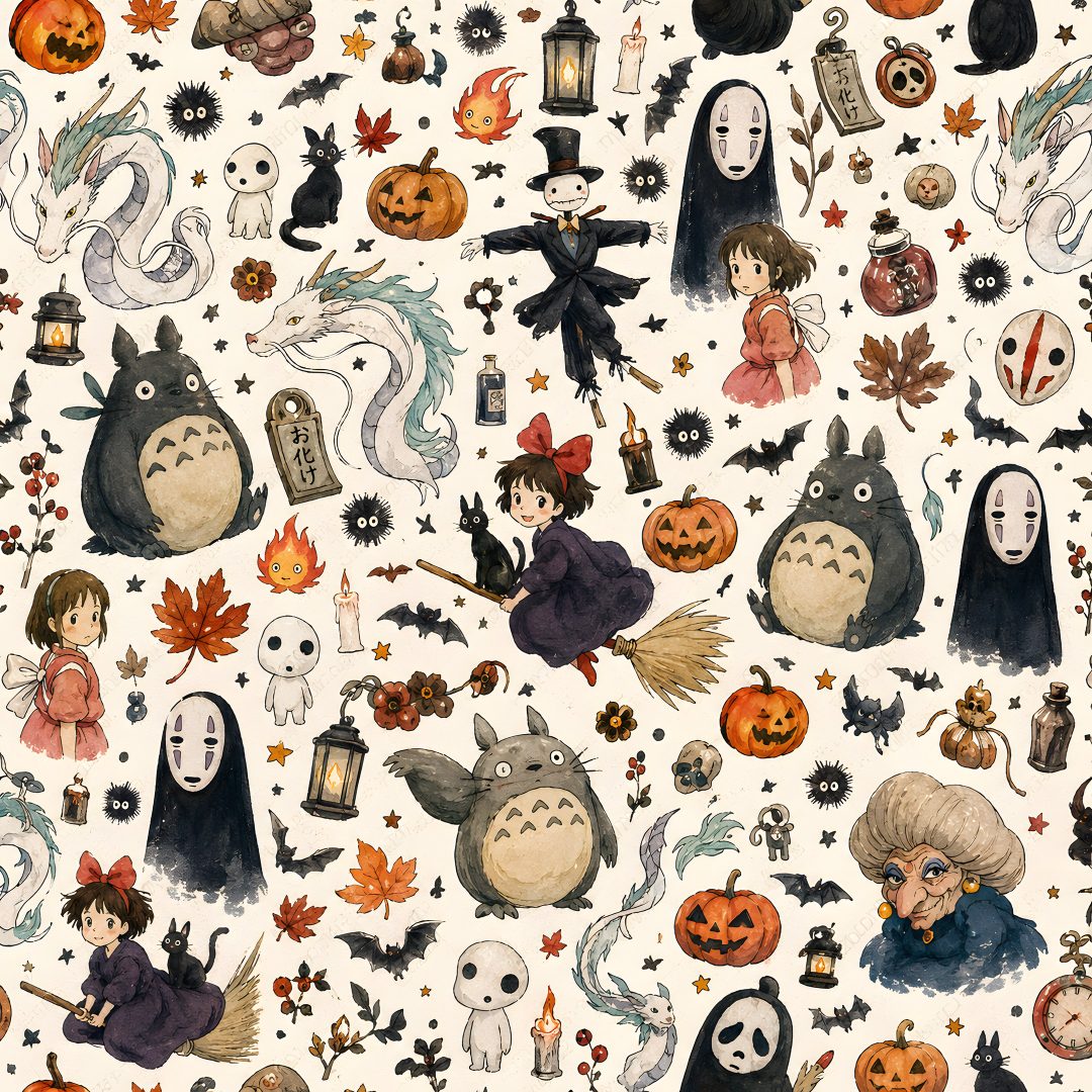 a white background with many different halloween items on it, including pumpkins and witches Ghibli Halloween Cute, Seamless Patterns, Halloween, Pattern, bisque