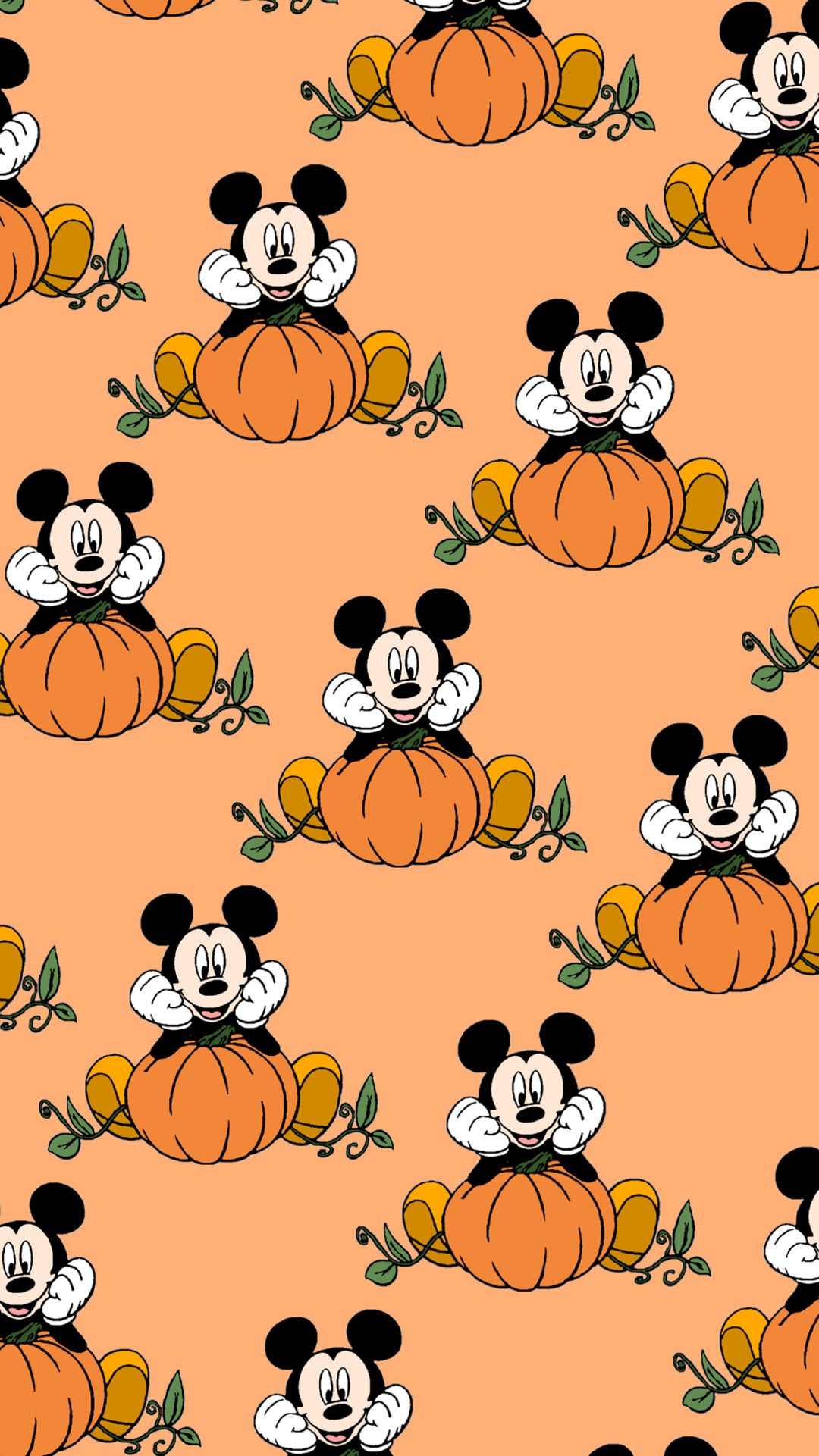 an image of mickey mouse with pumpkins on orange background seamless wallpaper pattern Mickey Mouse Halloween 4k light salmon