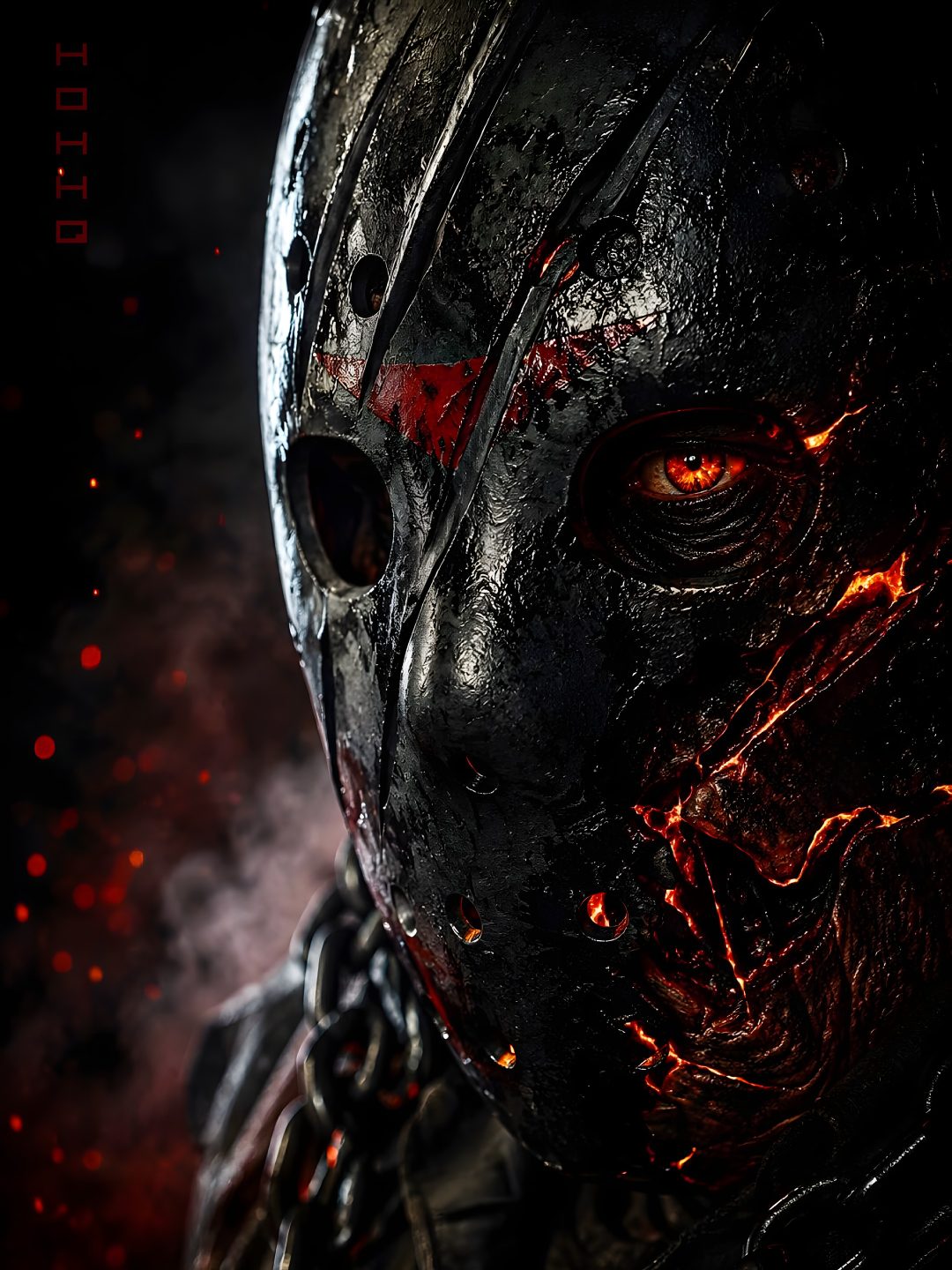 a close up of a person wearing a mask with red eyes and blood on his face Jason Halloween black