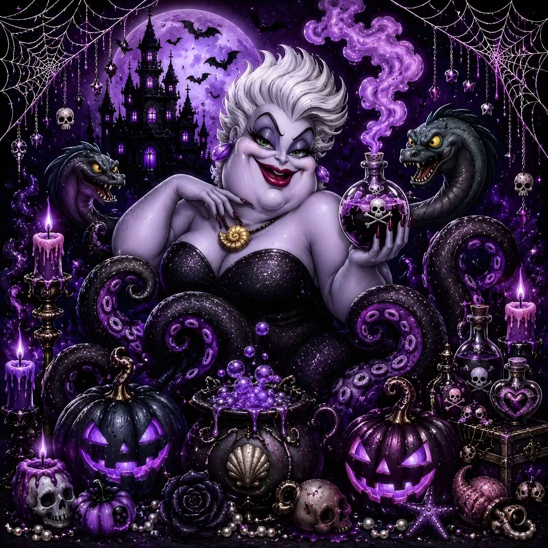a painting of a woman holding a bottle in her hands and surrounded by halloween decorations Halloween Disney Villains black