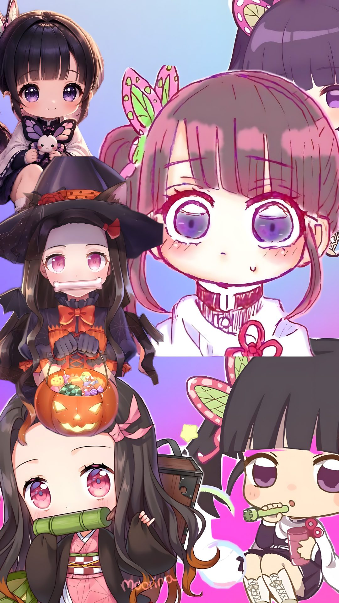 many anime characters are wearing hats and holding pumpkins in front of the camera, Demon Slayer Halloween rosy brown