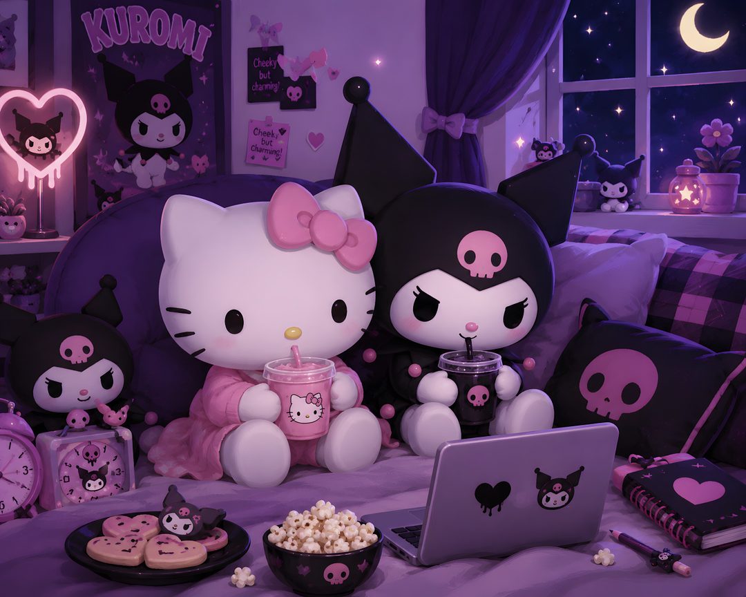 hello kitty and her friends are sitting on the bed in front of their laptops Chromebook Kuromi Halloween dark slate blue