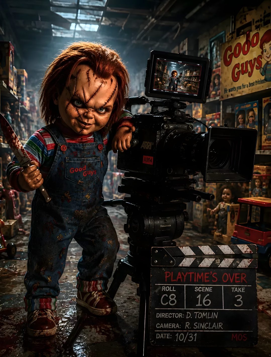 a creepy doll is standing next to a movie camera Halloween Scary Chucky black