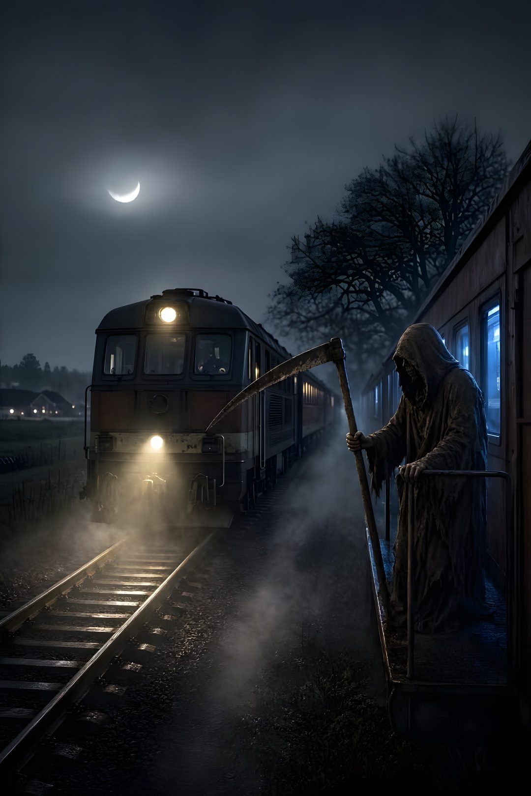 a person standing next to a train at night Halloween Ghost Train The Grim, Grim Reaper, dark slate gray