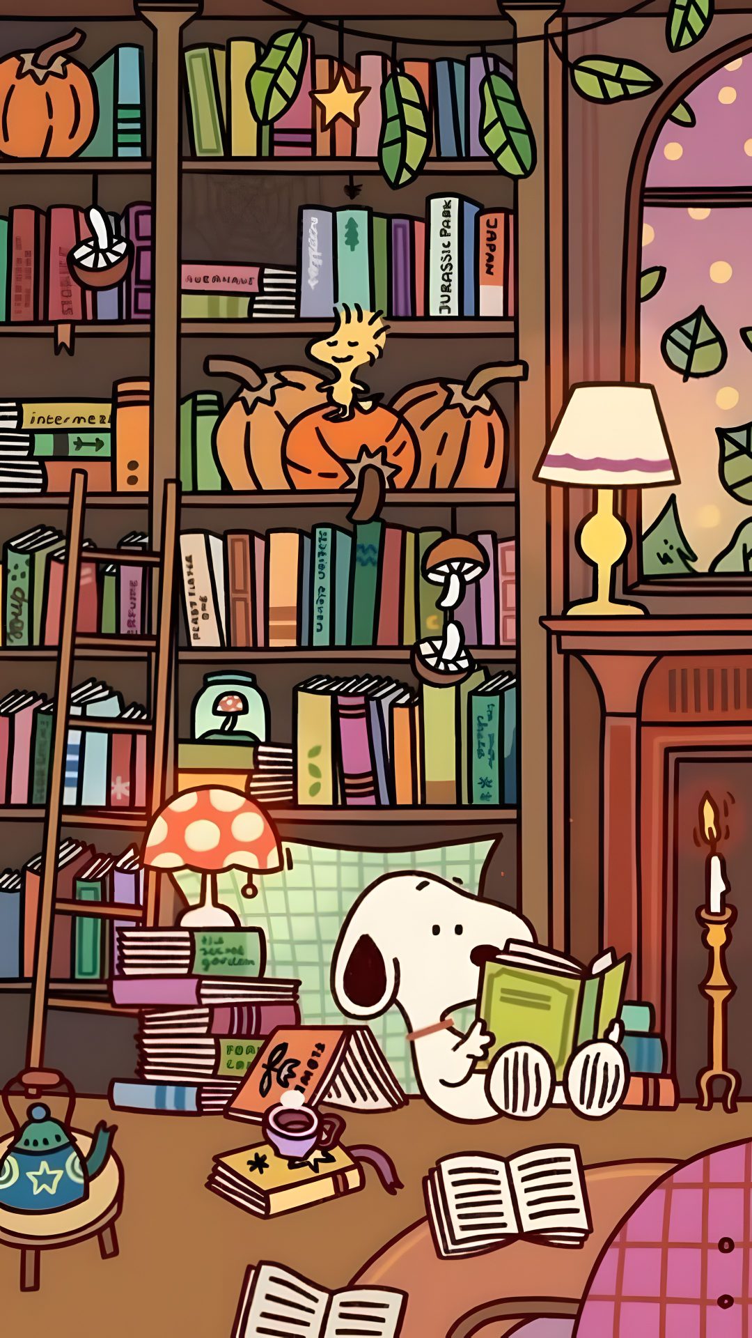 a dog is sitting in front of a book shelf filled with books and pumpkins Background Snoopy Halloween sienna