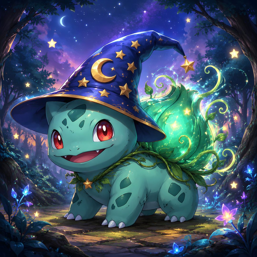 a cute little blue pokemon with a hat on it's head sitting in the woods Halloween Bulbasaur dark slate gray