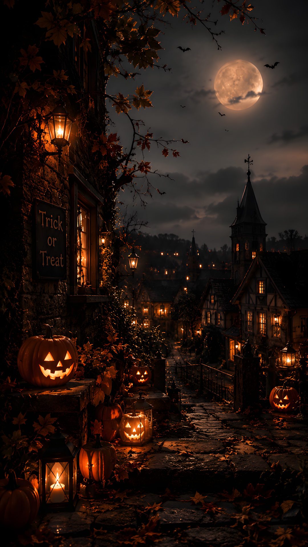 halloween pumpkins lit up in front of an old building with a full moon behind them Halloween Village Ideas black