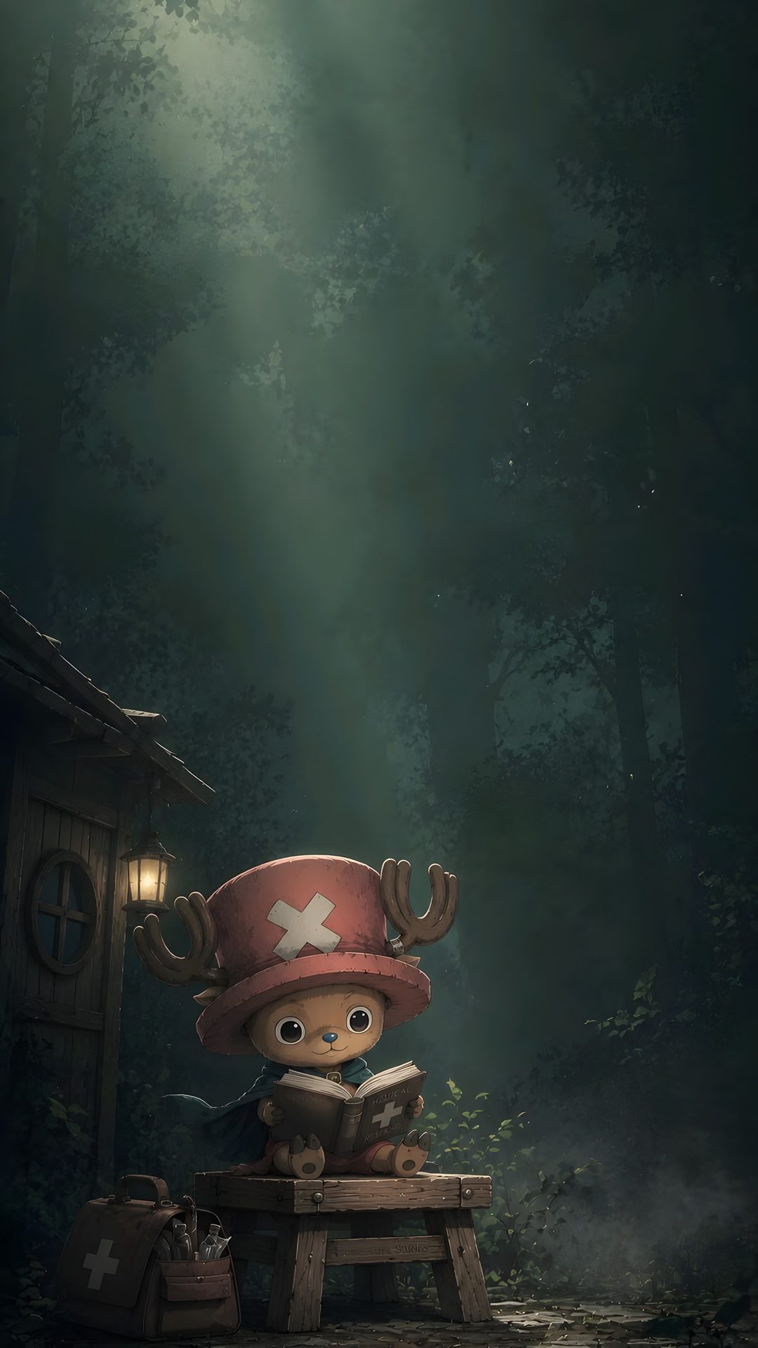 a cartoon character is sitting on a bench in the woods Halloween One Piece dark slate gray