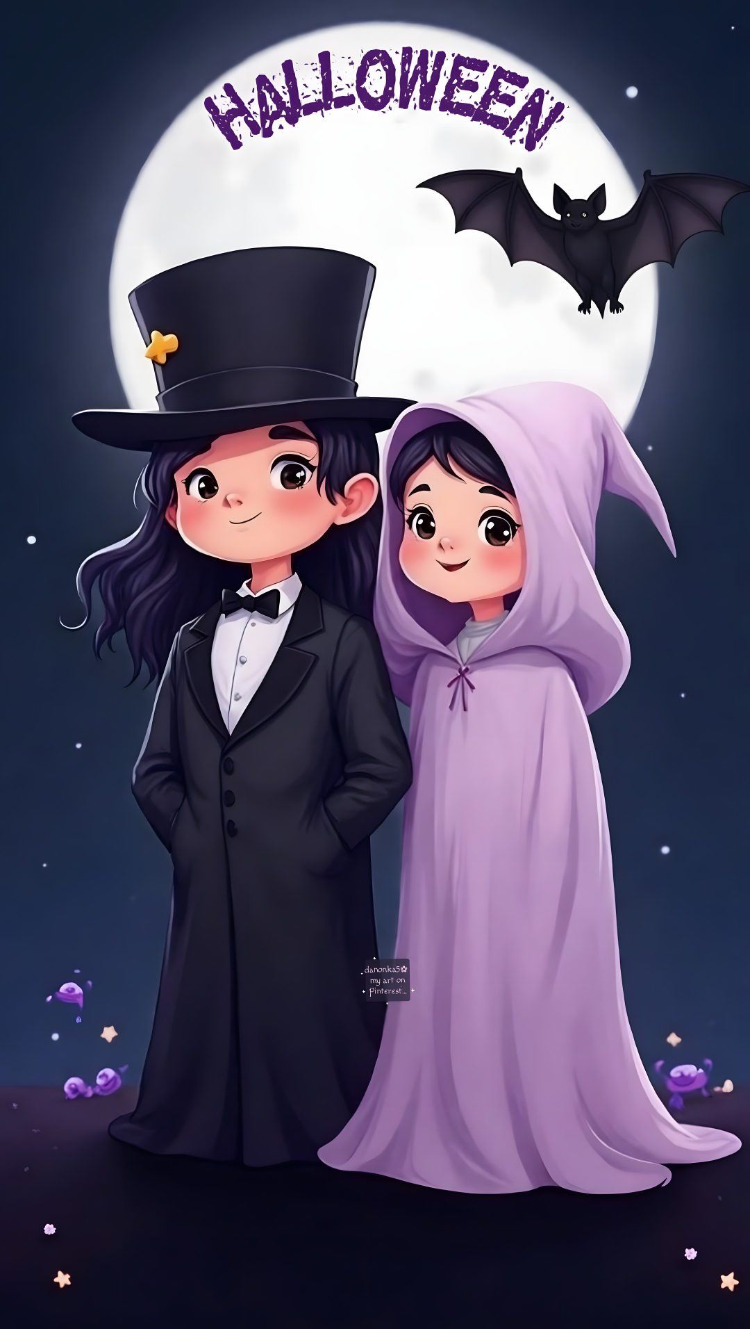 two children dressed up as witches and bats for halloween night with the moon in the background Halloween Couple Iphone dark slate gray