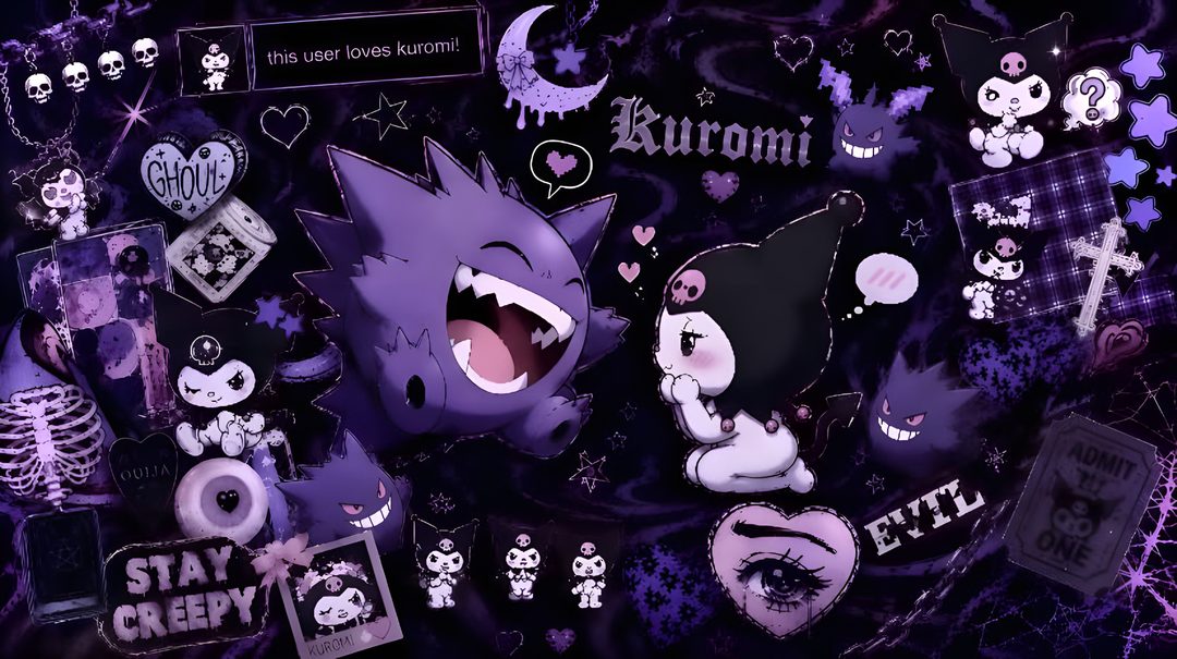 an assortment of stickers and magnets on a dark background with skulls, cats, and other items Chromebook Kuromi Halloween black