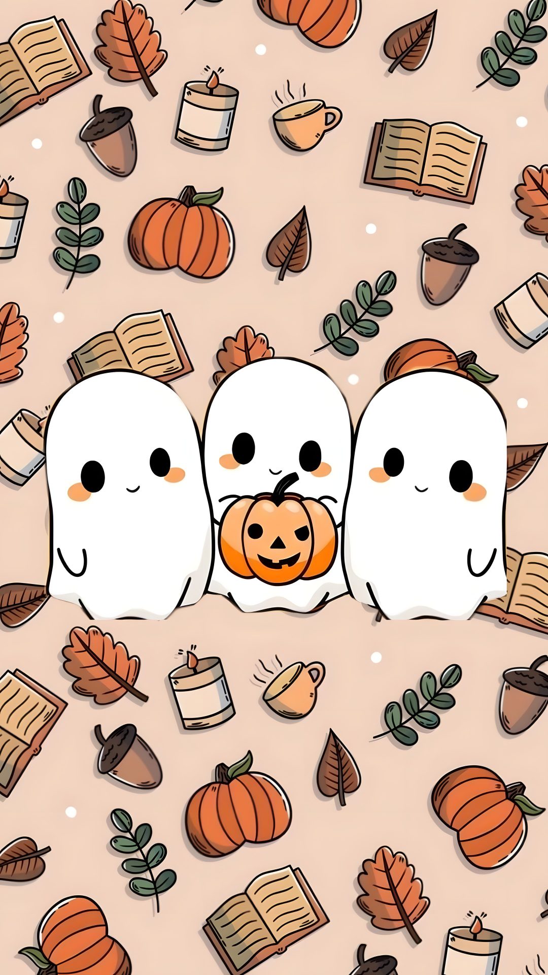 two ghost with pumpkins and books on a pink background, surrounded by autumn leaves Cute Halloween Bff Cute Ghost, Phone Backgrounds, Ghost, Halloween, wheat