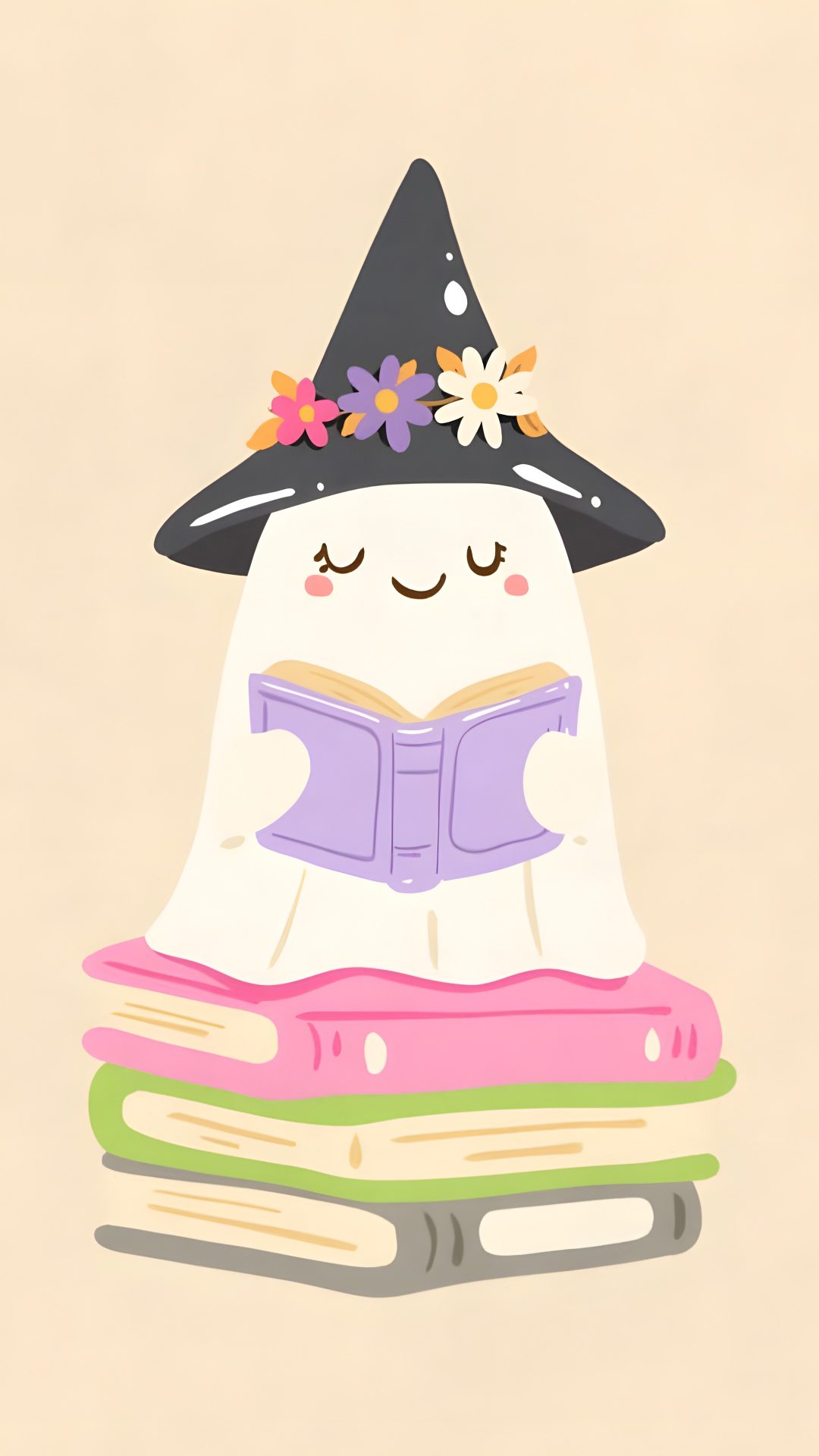 a cartoon character is reading a book while wearing a witches hat Cute Animated Halloween blanched almond