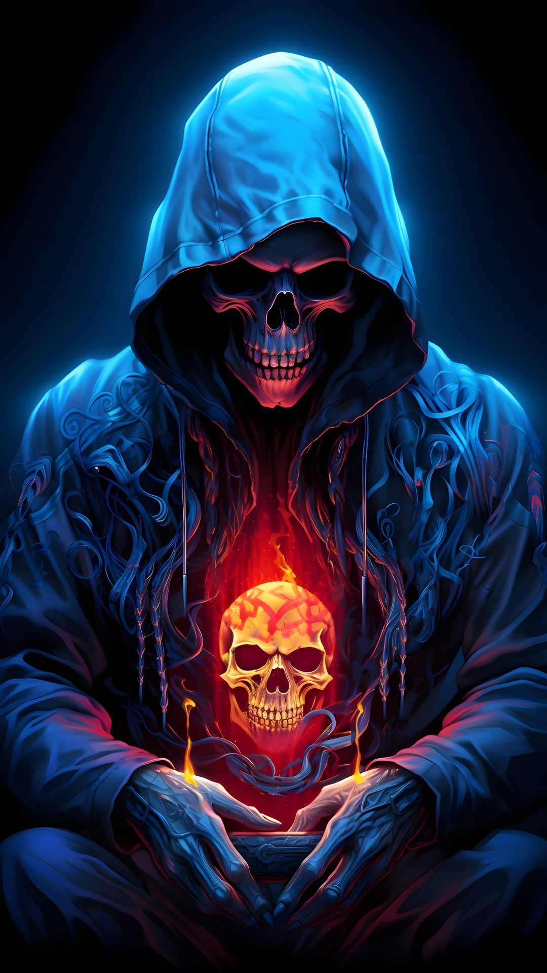 a skull in a hoodie holding a glowing ball with flames coming out of it Halloween Skull Iphone black