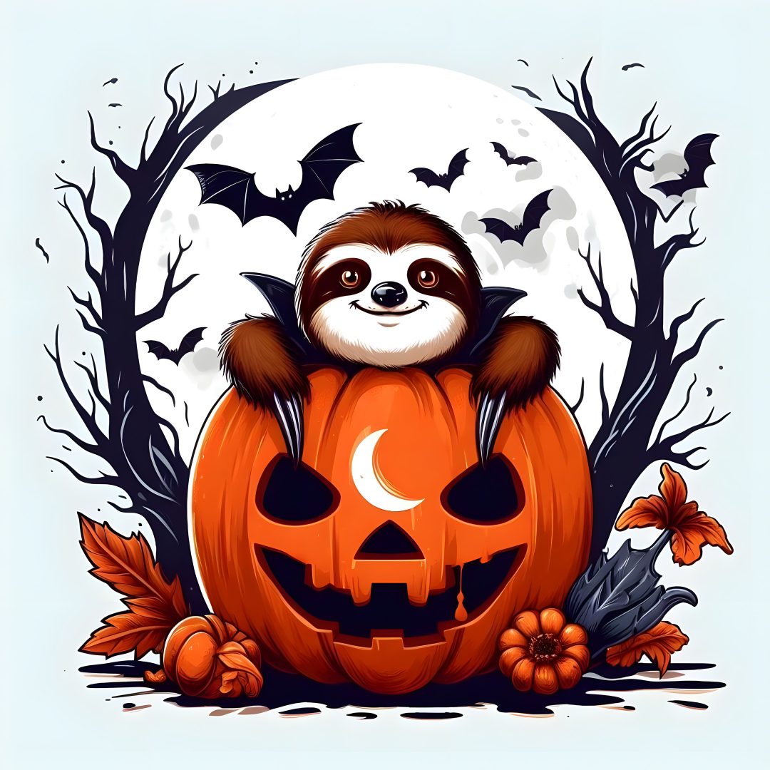 a slotty sitting on top of a pumpkin in front of a full moon with bats Halloween Sloth Halloween Owl Illustration, Halloween Clipart, Clip Art, Halloween, lavender