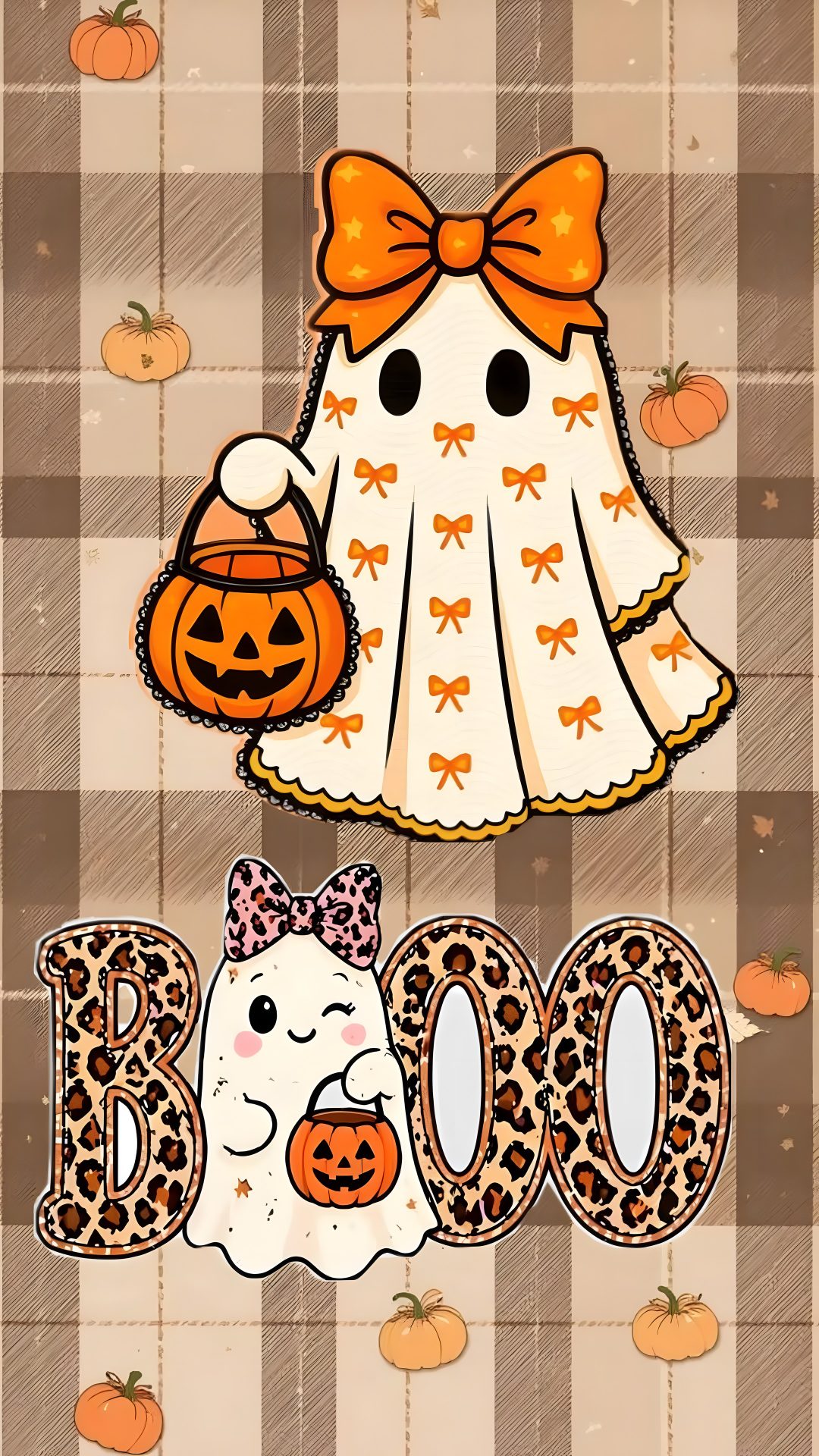 a halloween card with an image of a ghost, pumpkins and boo on it Cute Halloween Boo dark salmon