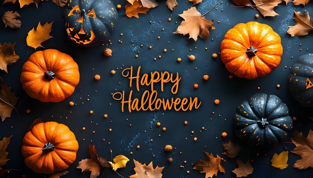 pumpkins and leaves with the words happy halloween written in gold on a black background Happy Halloween Desktop Autumn Scenes, Happy Halloween, Halloween, dark slate gray