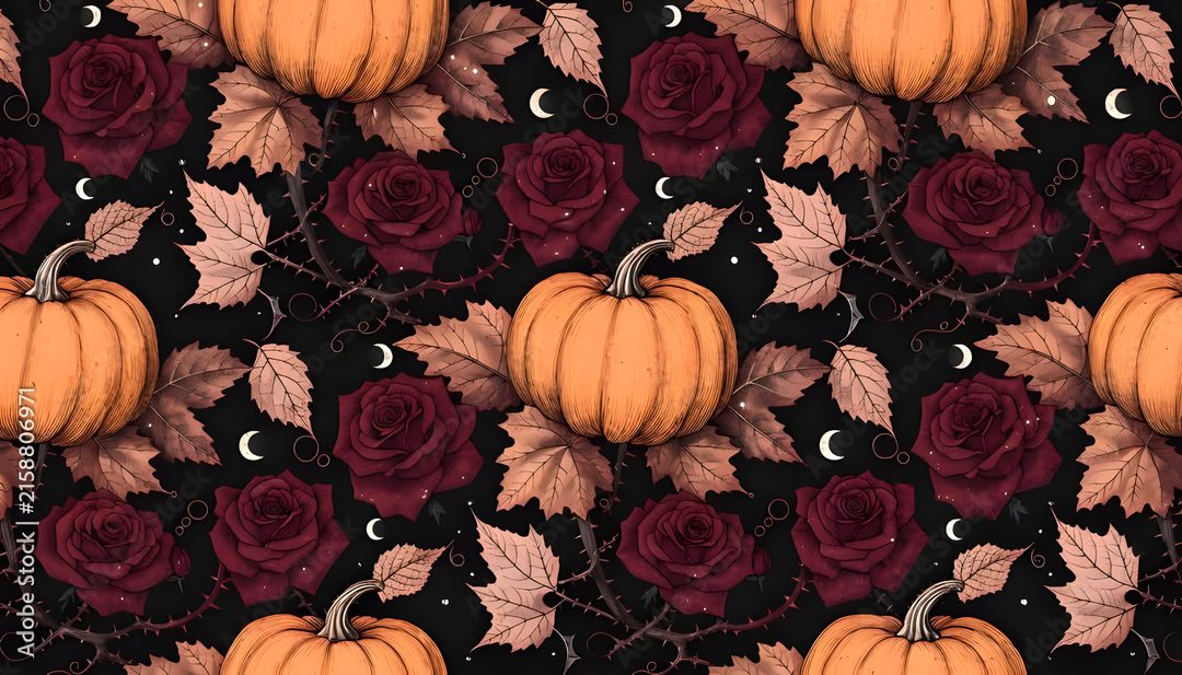 Seamless Gothic Autumn Pattern with Orange Pumpkins, Dark Red Roses, and Leaves| Adobe Stock Halloween Floral Aesthetic maroon