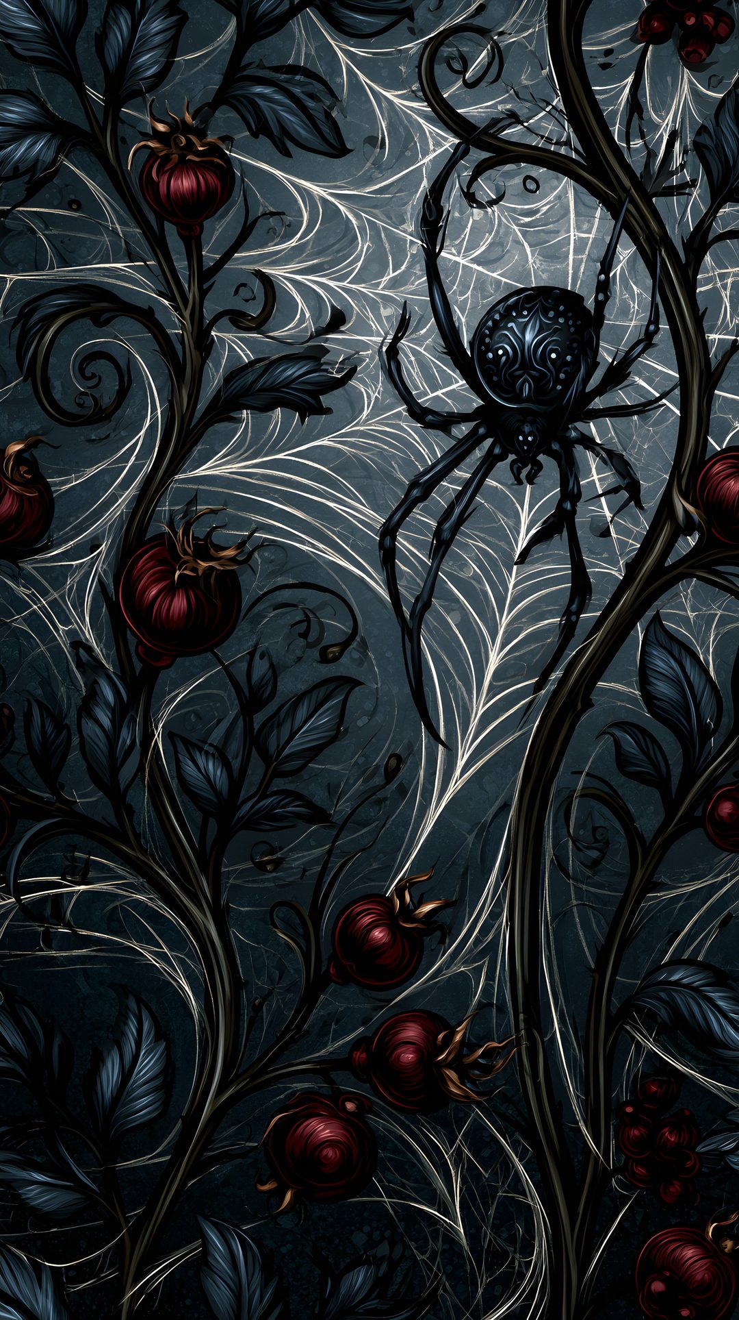 a spider crawling on the side of a plant with leaves and berries in it's web Spider Halloween black