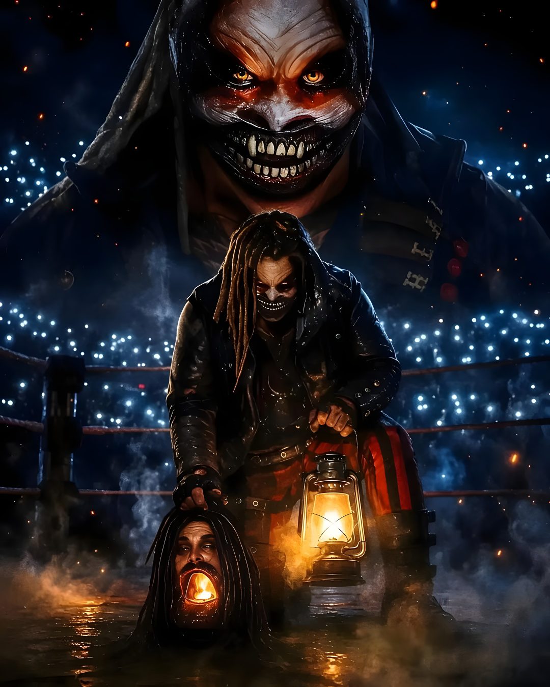 a man with dreadlocks sitting in the water next to a lantern on his chest Wwe Halloween black