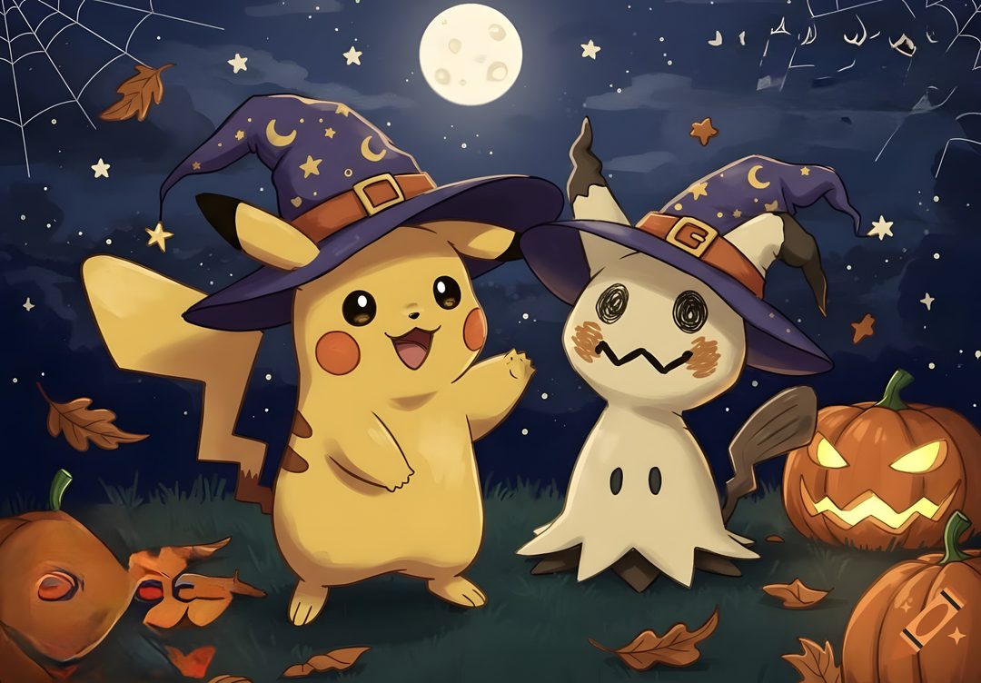 two pikachu dressed up as witches and pumpkins in front of a full moon Halloween Pokemon 4k dark slate gray