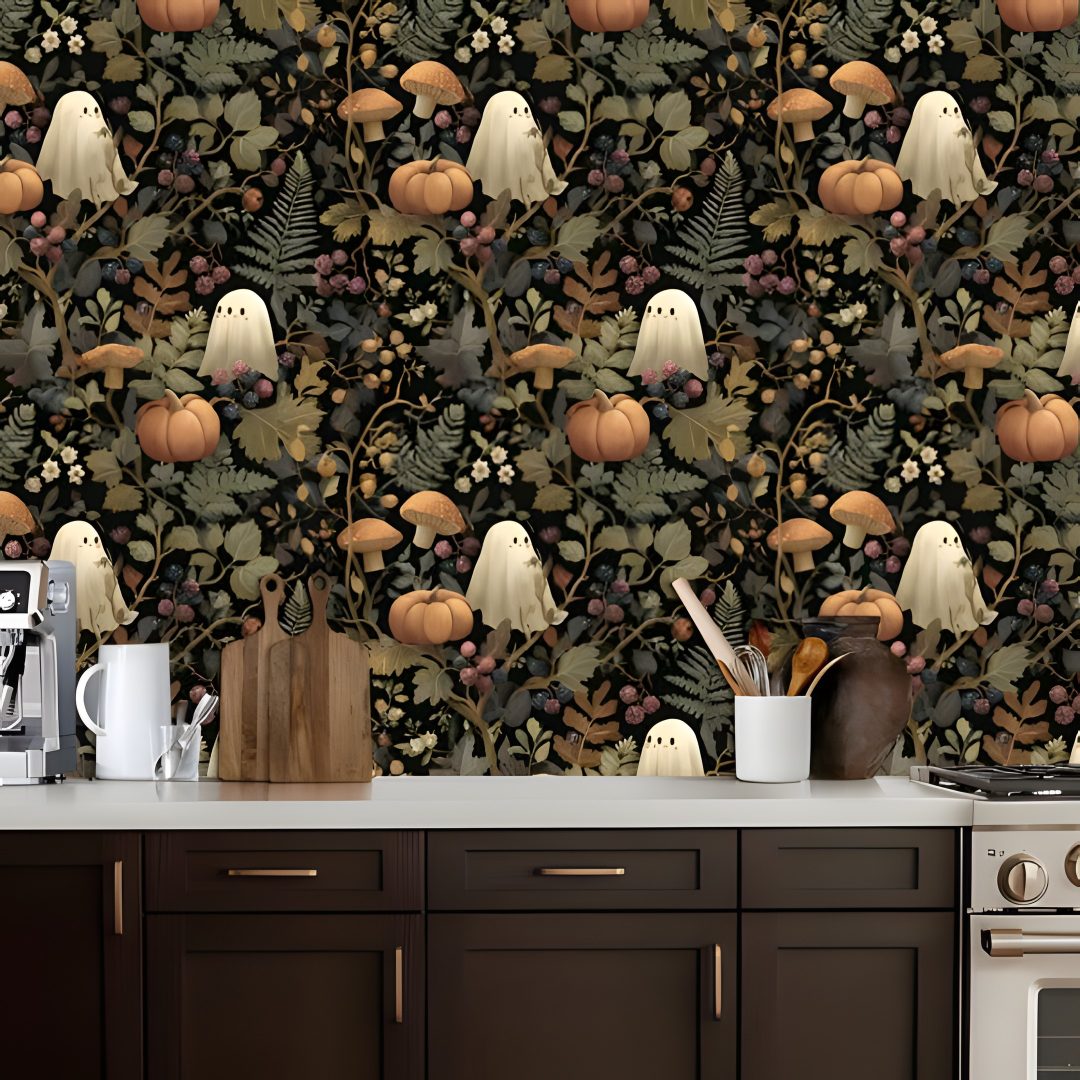 a kitchen area with a stove, microwave and wallpaper featuring pumpkins and ghost heads Halloween Kitchen dark slate gray