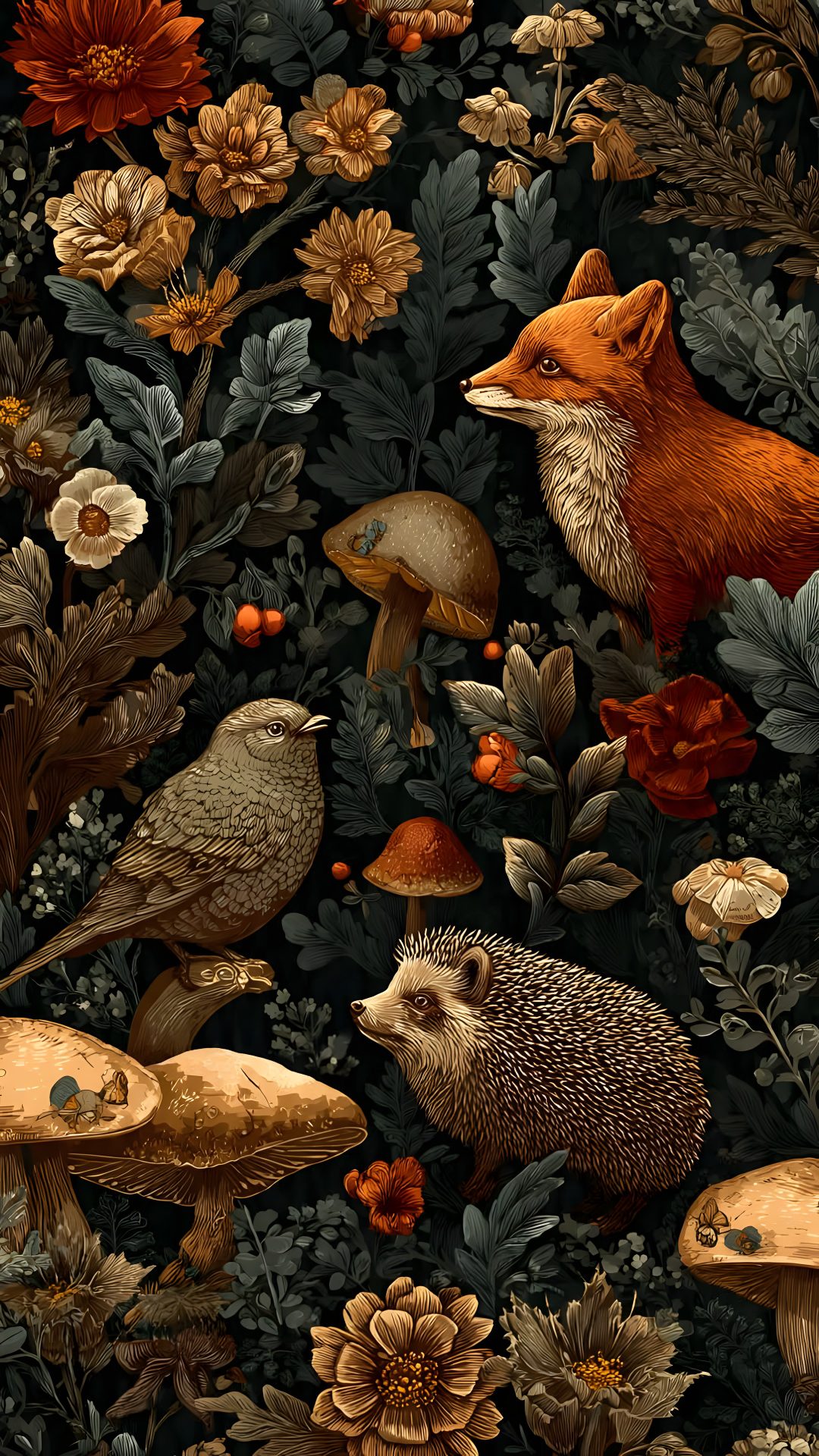 an image of a hedgehog surrounded by mushrooms and flowers on a black background with red berries Halloween Forest Animals Dream Fantasy, William Morris, Phone, Forest, Animals, Pattern, black