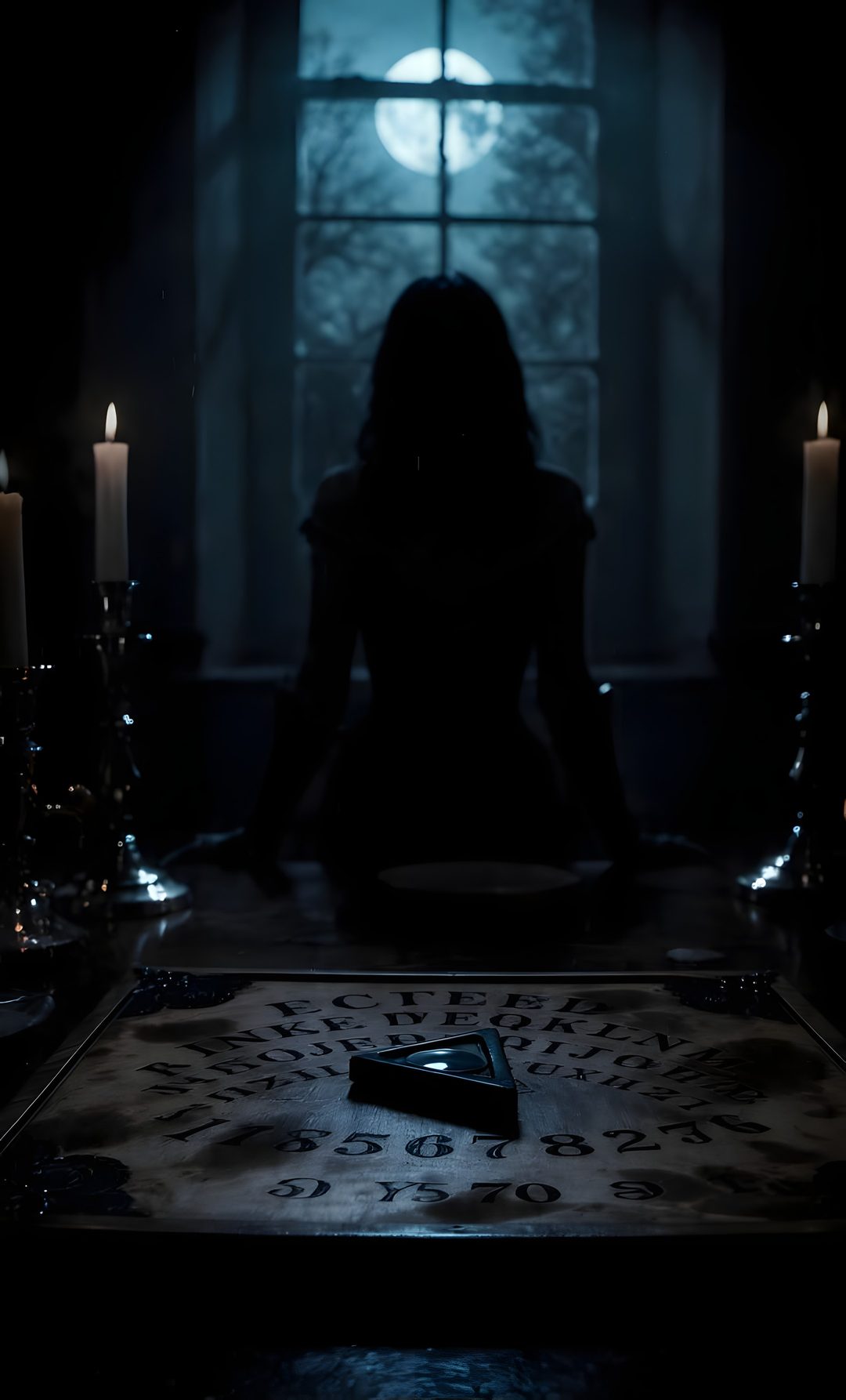 a woman sitting at a table with candles in front of her and looking out the window Halloween Ouija Creepy Art, Book Inspiration, Halloween Art, Sketch Book, Halloween, black