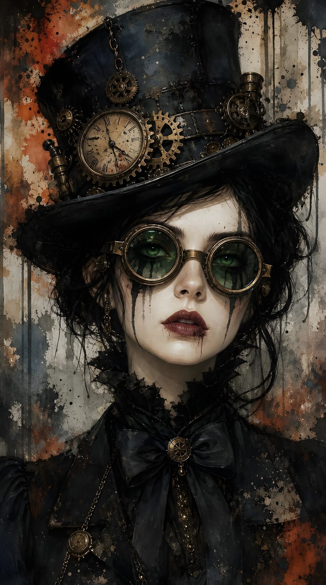 a woman with green eyes wearing a top hat and steampunky eyeglasses Halloween Steampunk black