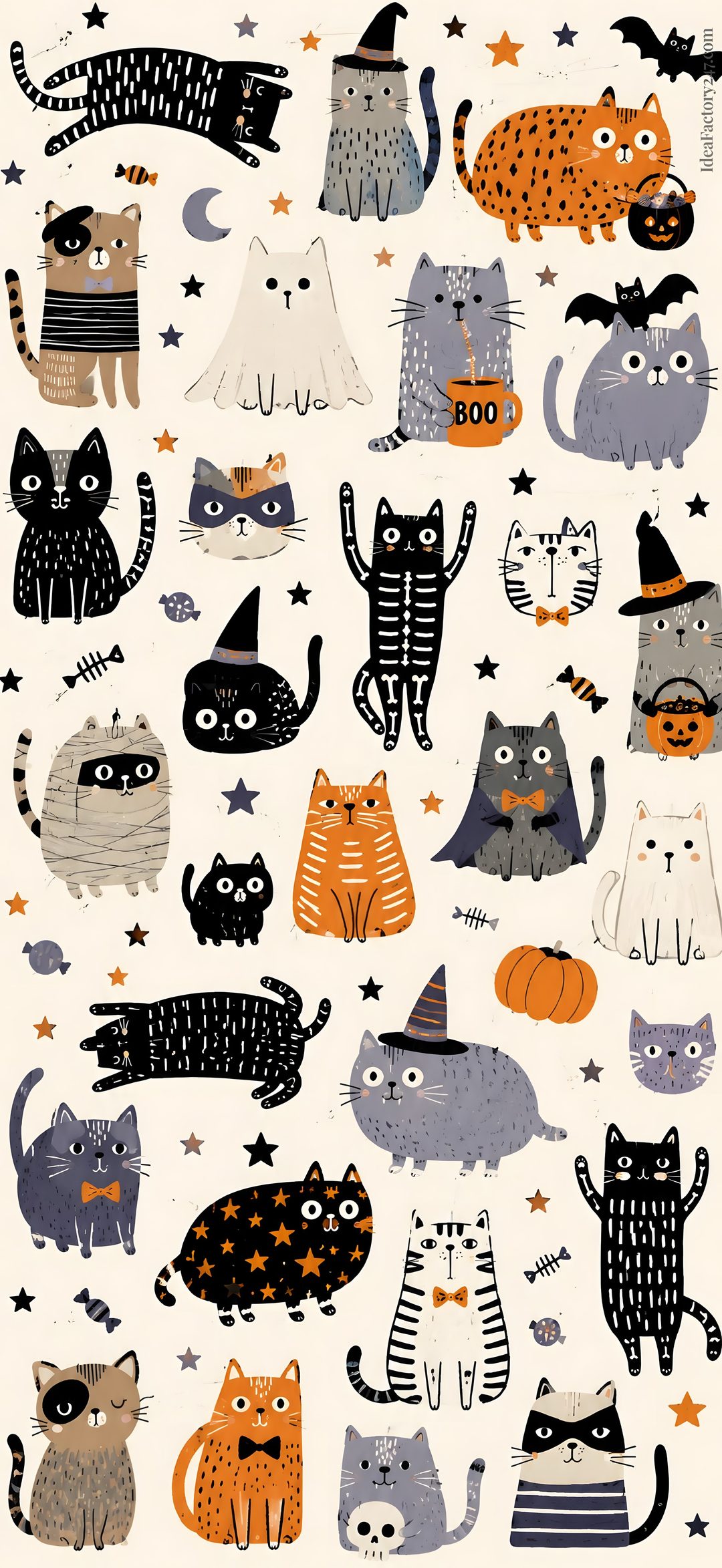 an image of many cats in different colors and sizes on a white background with stars Halloween Animal linen