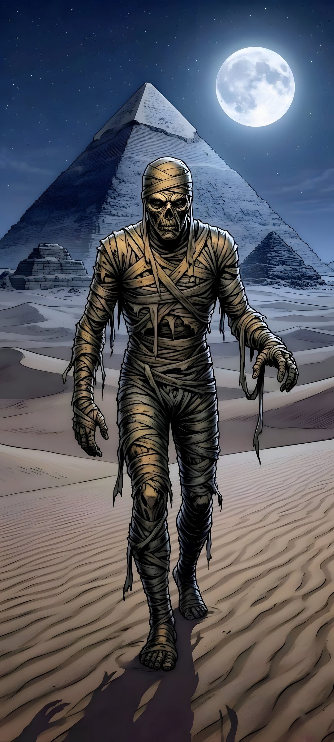 an image of a man walking in the desert at night with a full moon behind him Halloween Mummies dim gray