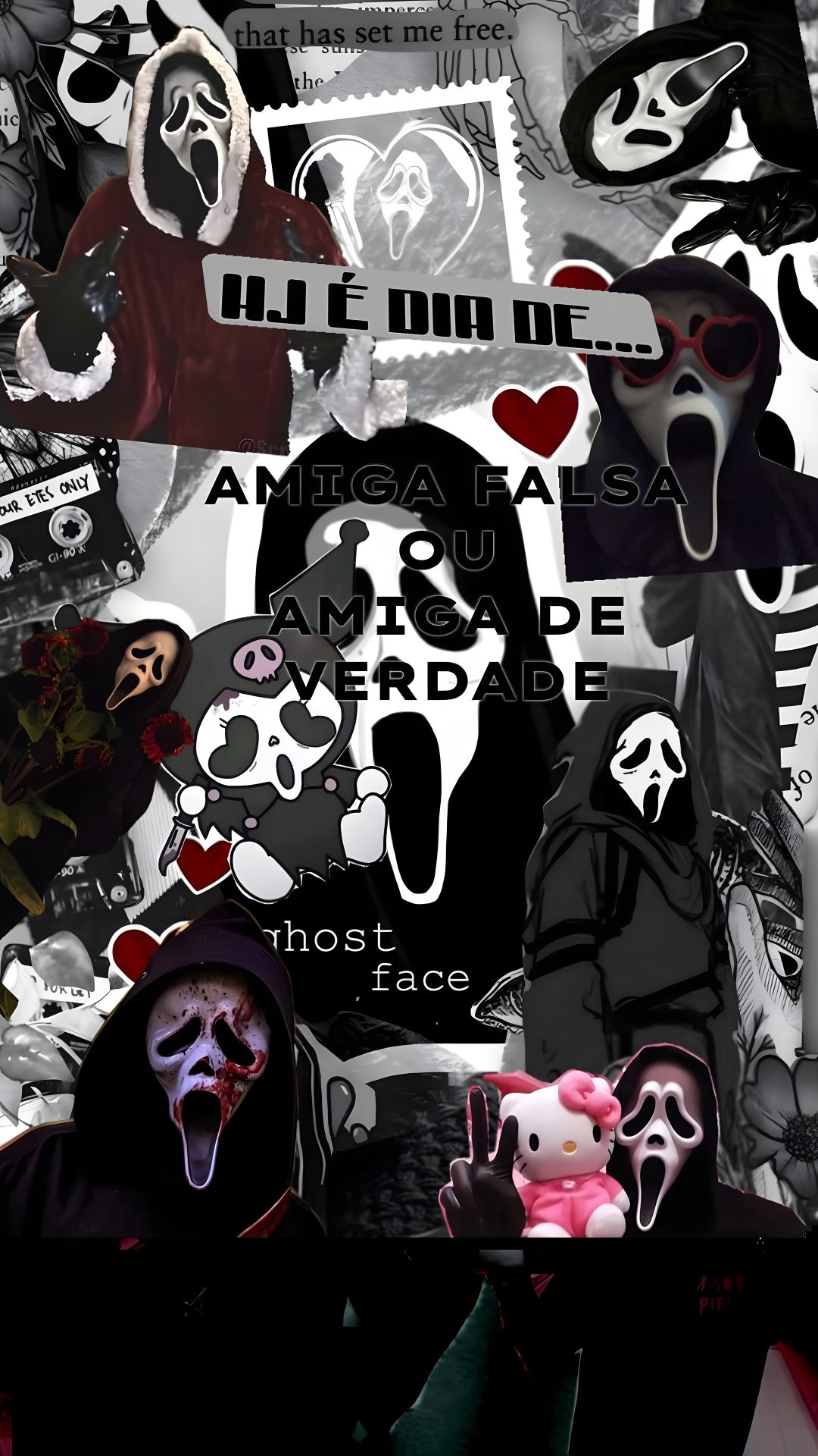 a person in a black hoodie holding a pink teddy bear and surrounded by stickers Cute Halloween Ghostface black