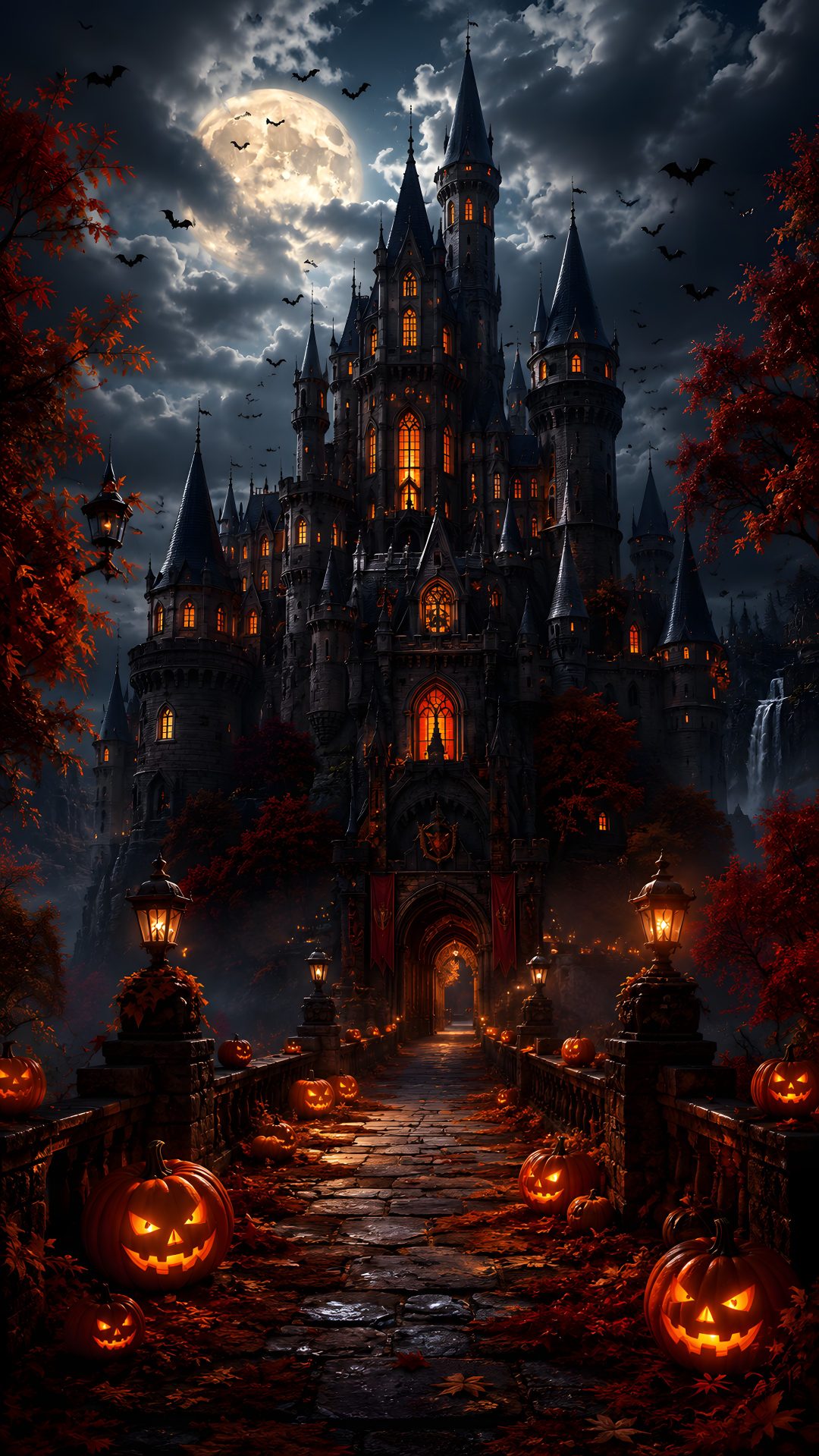 a castle with pumpkins in front of it at night Halloween Fantasy black