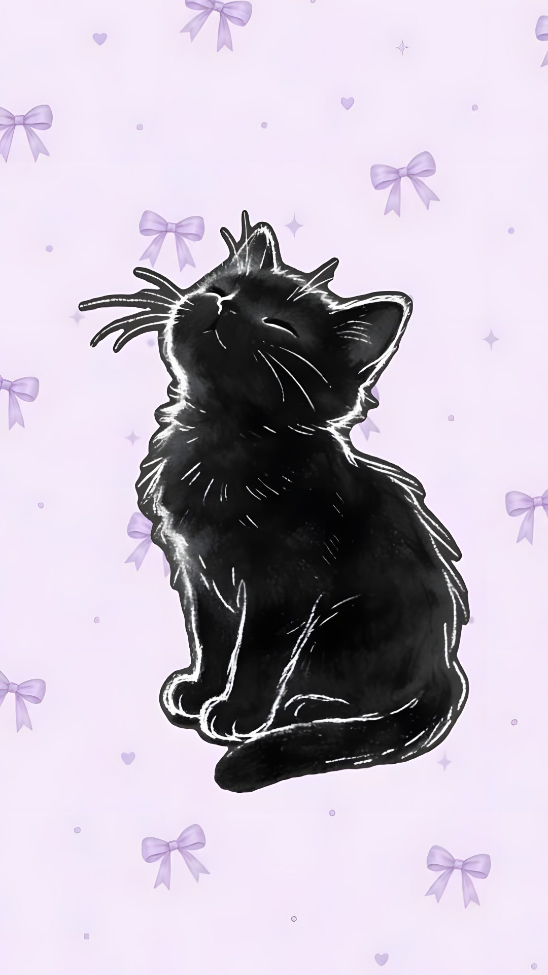 a drawing of a black cat sitting on top of a purple background with hearts and bows Feline Halloween - Black On Lavender lavender