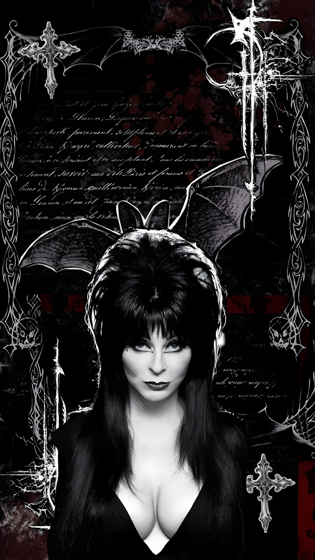 a woman with long black hair standing in front of a red and black wallpaper Elvira Halloween black