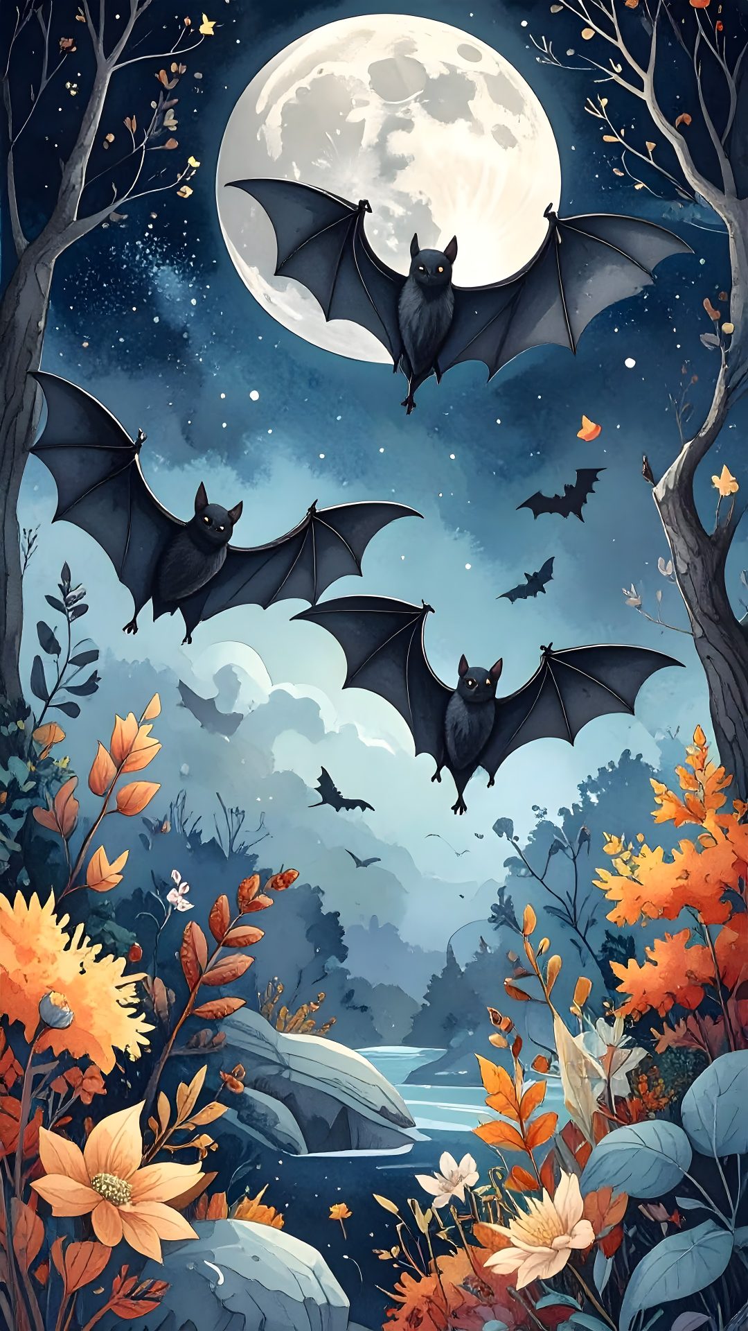two bats flying in the night sky over flowers and trees with full moon behind them Halloween Whimsical Bats-large dim gray