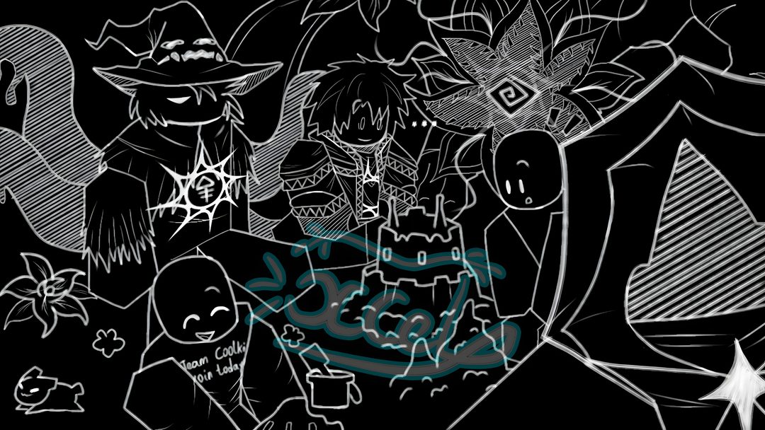 a black and white drawing of halloween characters Forsaken Halloween Screen, black