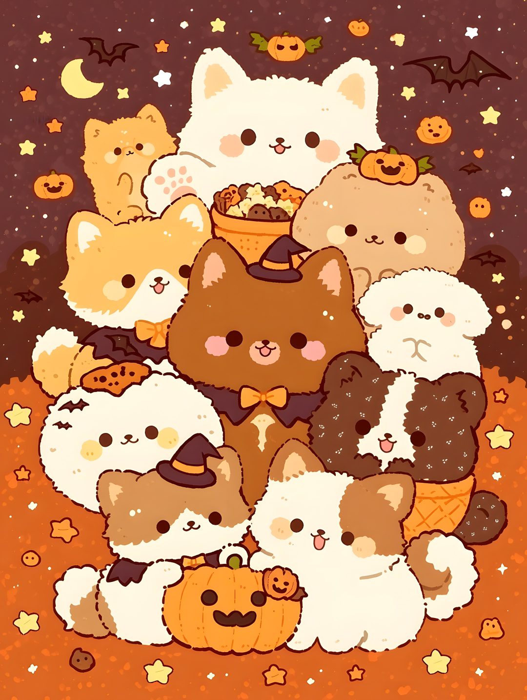 a group of cats with pumpkins and bats on their heads, all in different colors Anime Cat Halloween chocolate