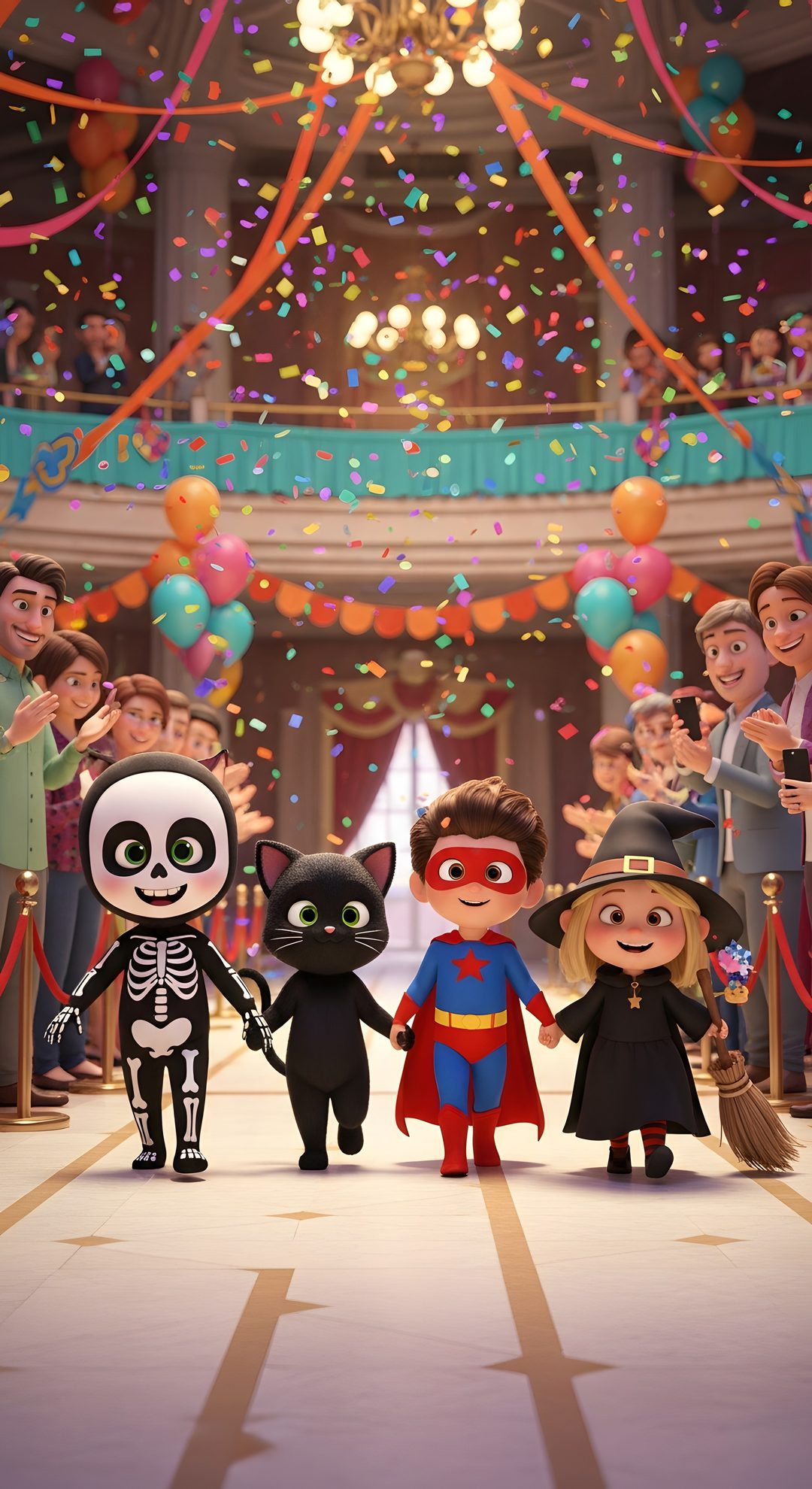 the animated family is standing in front of an audience with balloons and streamers around them Kids Halloween Costume Custom Removable Halloween Party, Halloween, dim gray