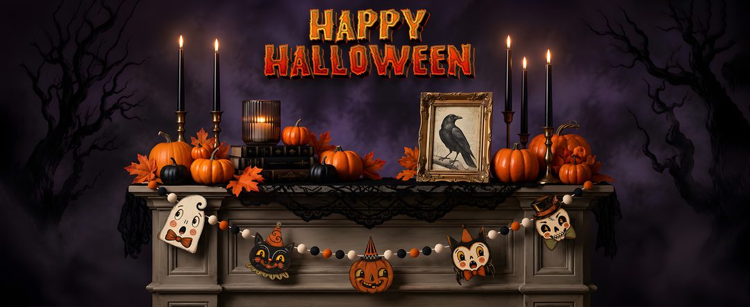 a fireplace decorated for halloween with candles and decorations Halloween Fireplace black