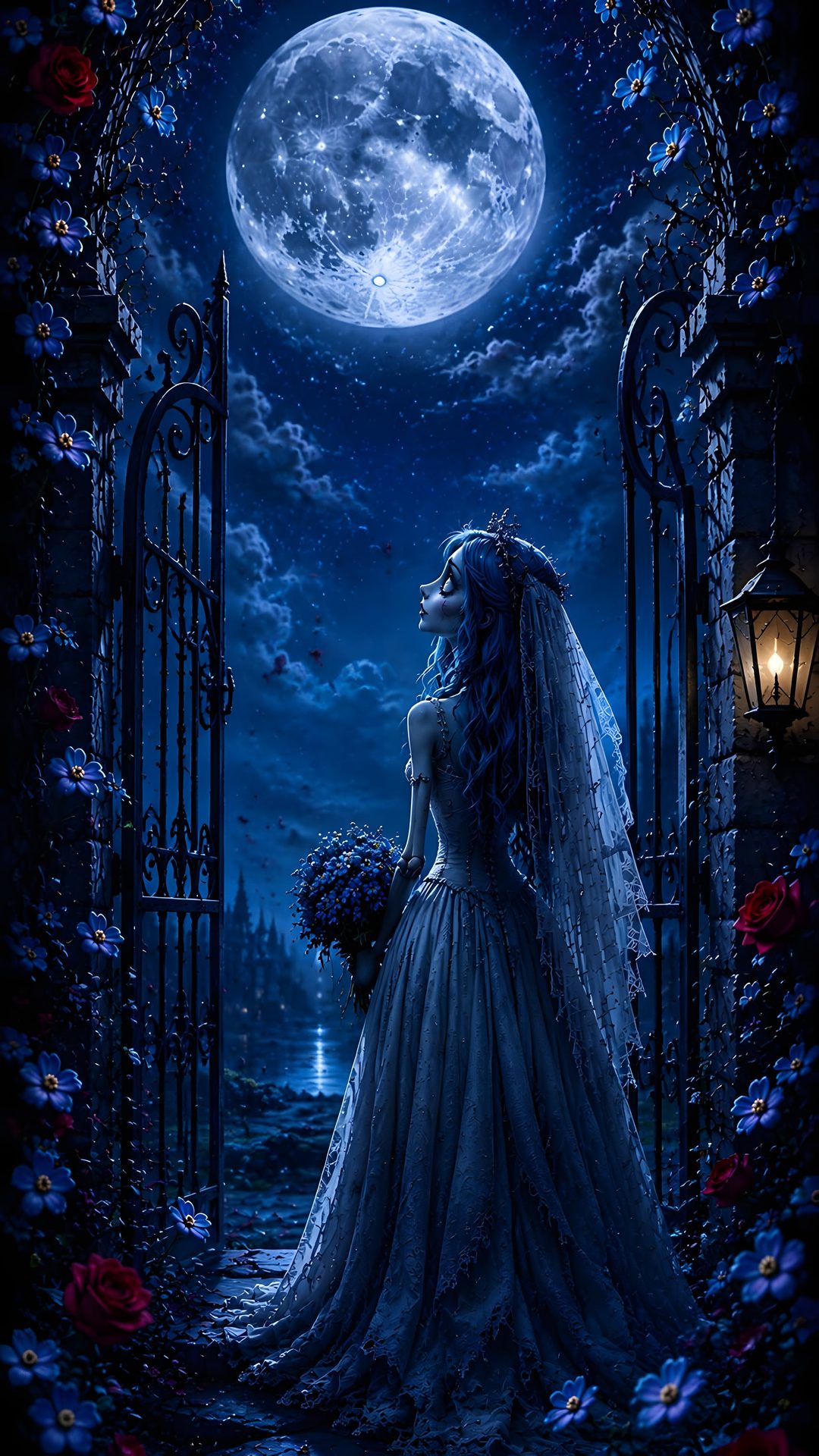 a woman in a wedding dress standing at an open gate with the moon behind her Halloween Iphone Corpse Bride midnight blue