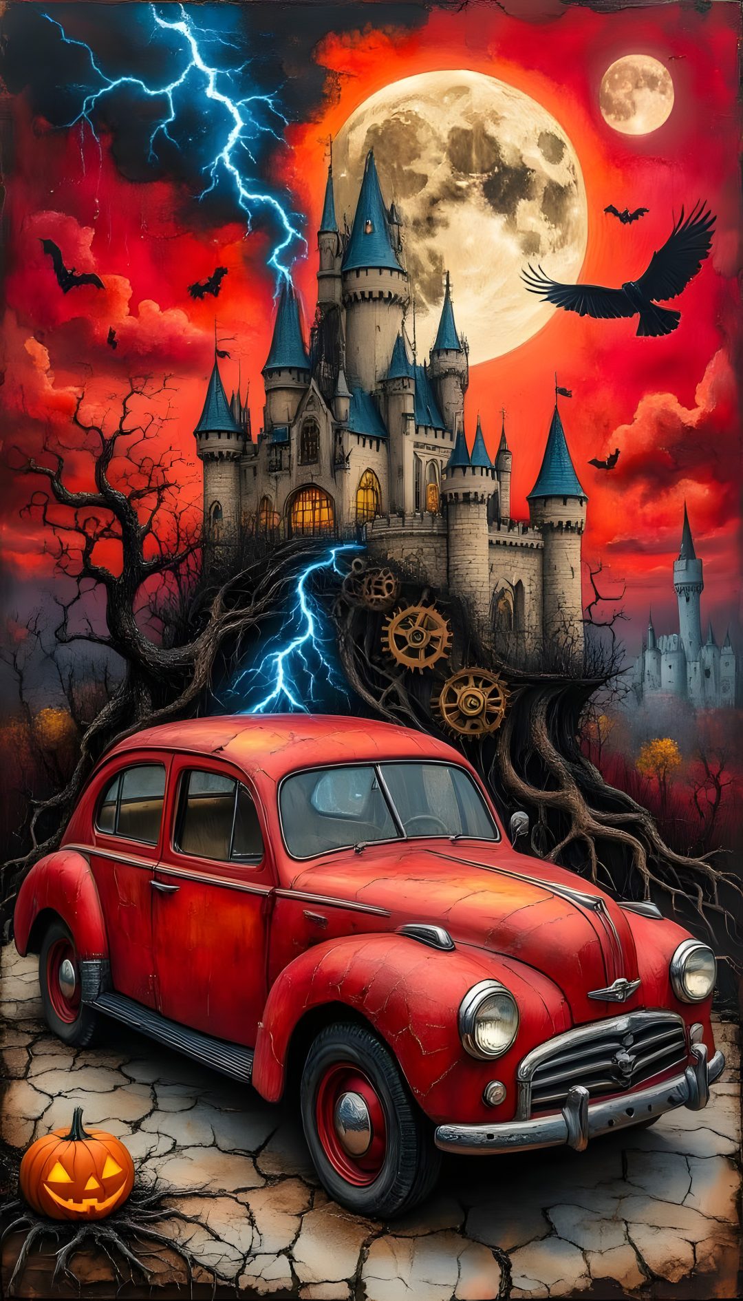an old red car parked in front of a castle with lightning coming from the sky Halloween Car saddle brown