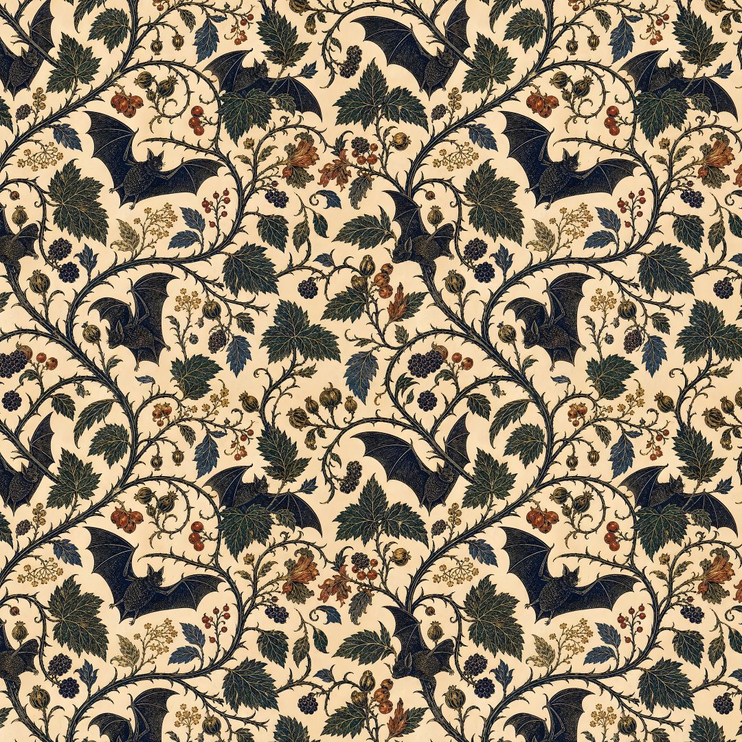 an image of a wallpaper pattern with bats and flowers on it's surface Vintage Bats For Halloween Fabric And rosy brown