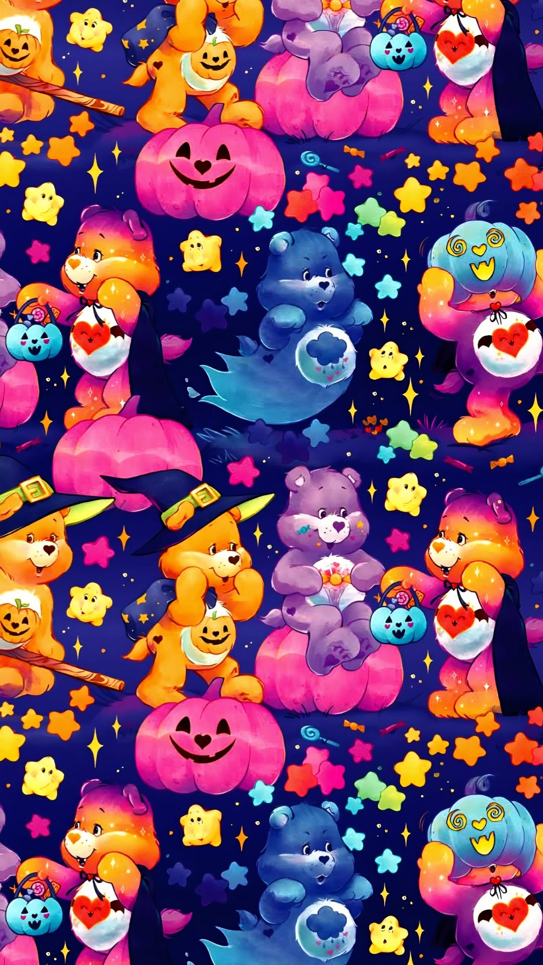 many different colored bears and stars on a purple background Care Bears Halloween dark slate blue