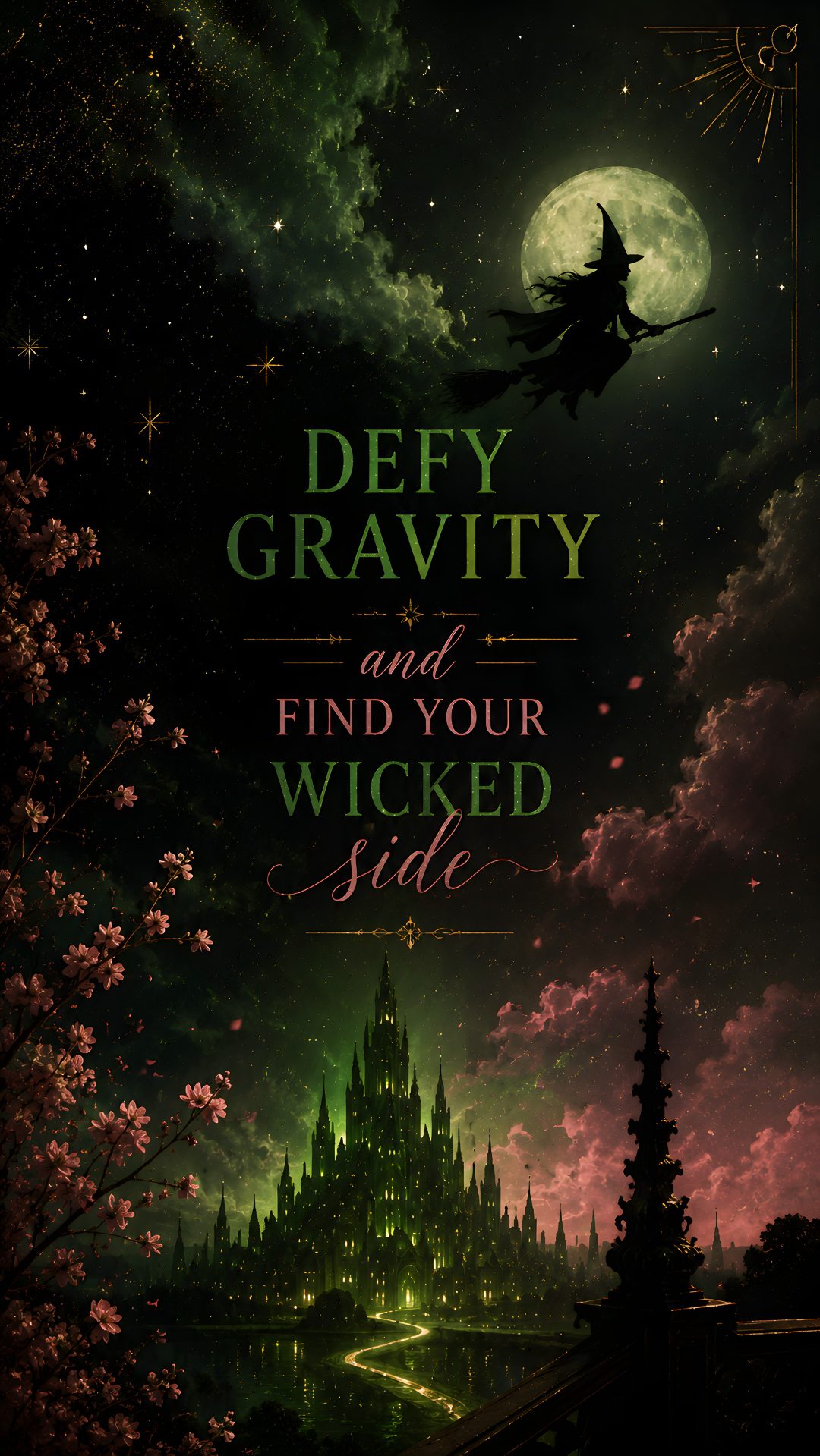 a book cover with an image of a witch flying over a castle and the words defy gravity and find your wicked side Wicked Halloween black