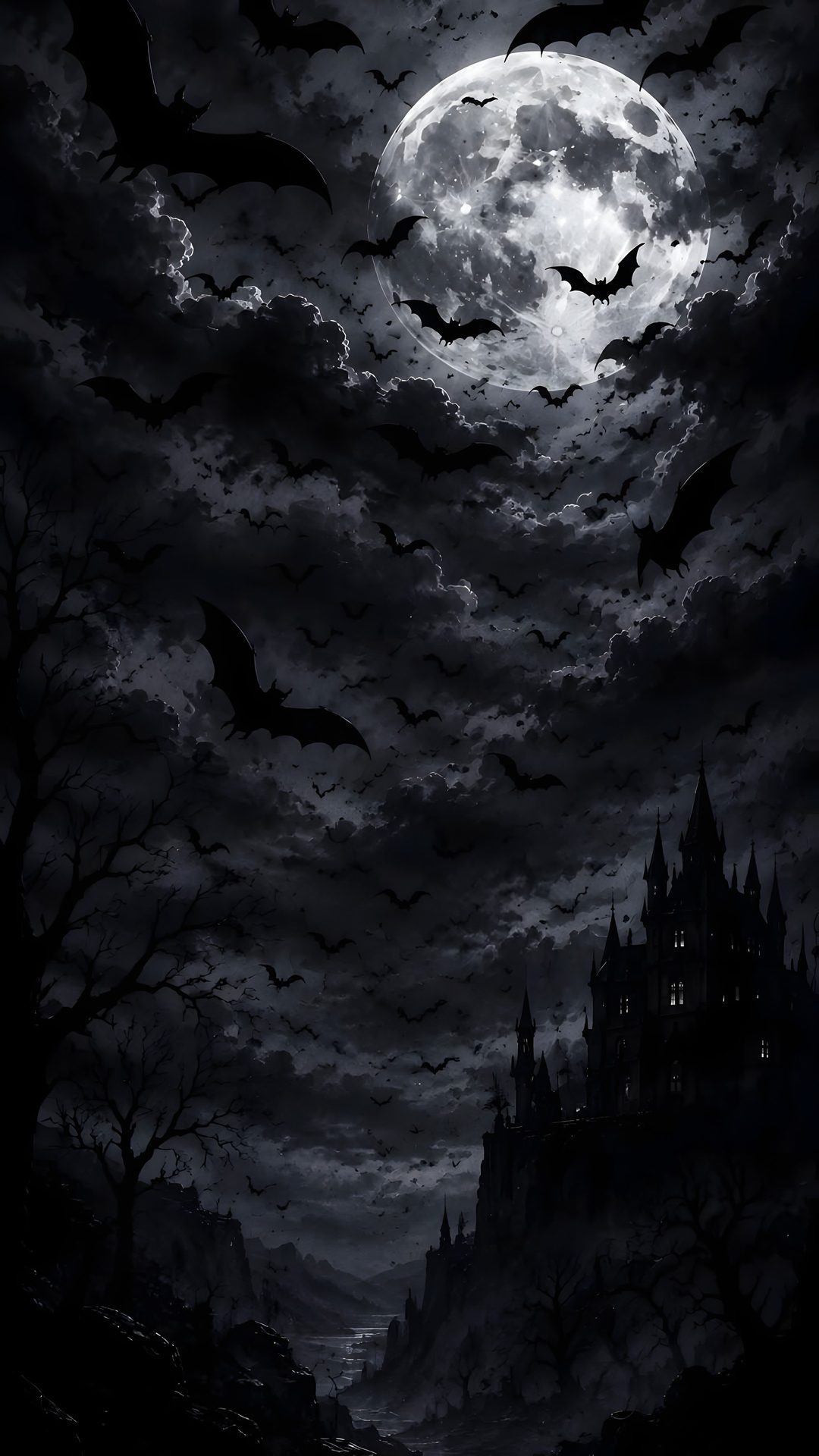 a castle with bats flying over it at night Black Aesthetic Halloween Bat,