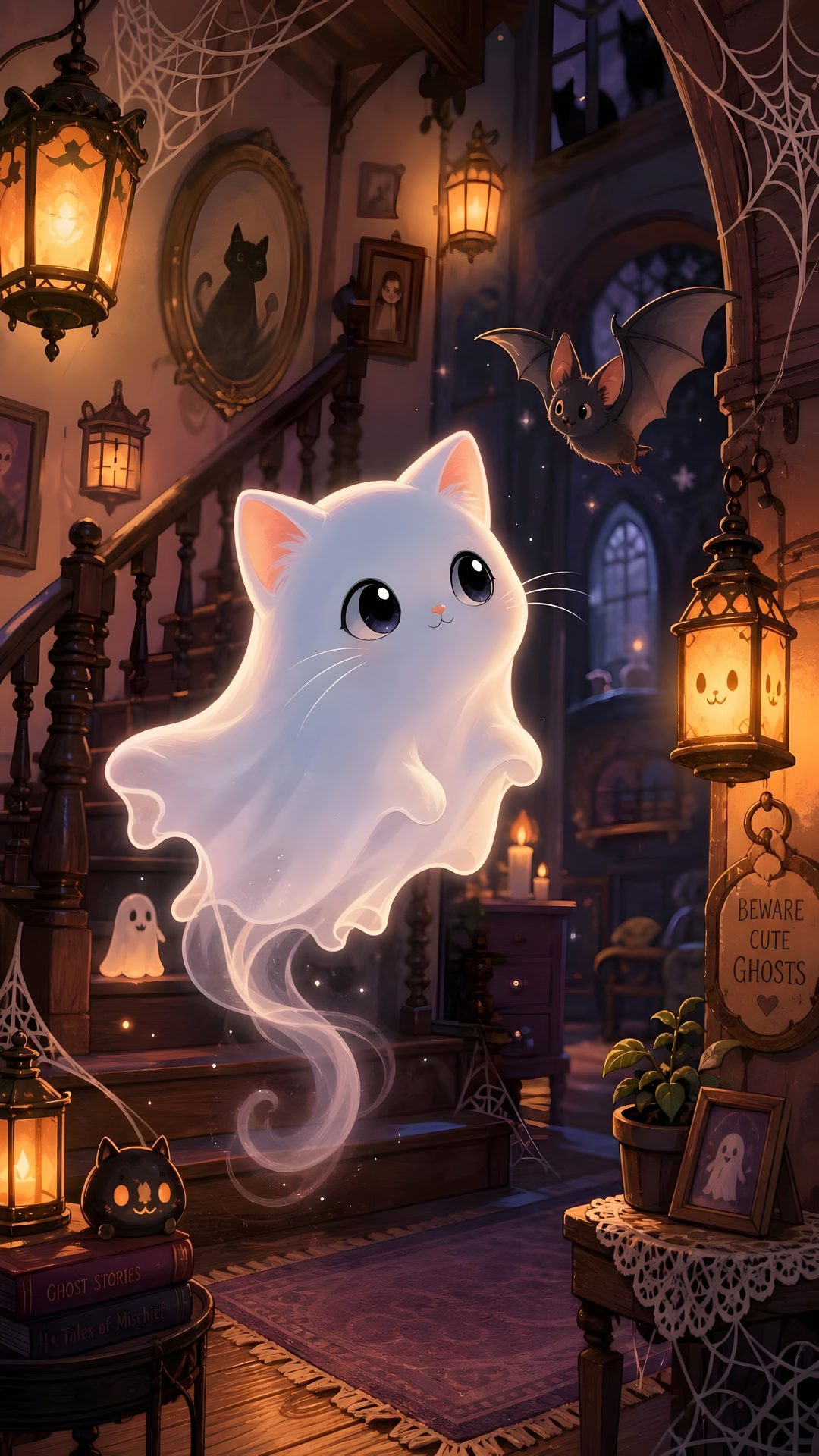 a white cat is flying through the air in front of a staircase with lanterns on it Cat Halloween dark slate gray
