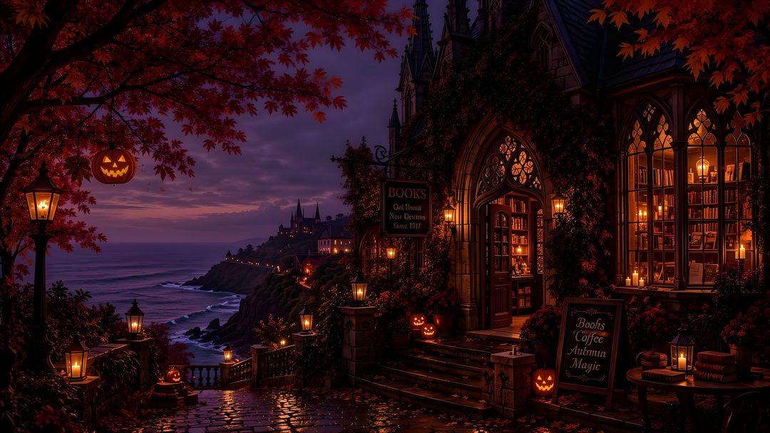 an image of a halloween scene with pumpkins on the steps and lights in the windows Halloween Evening Custom black