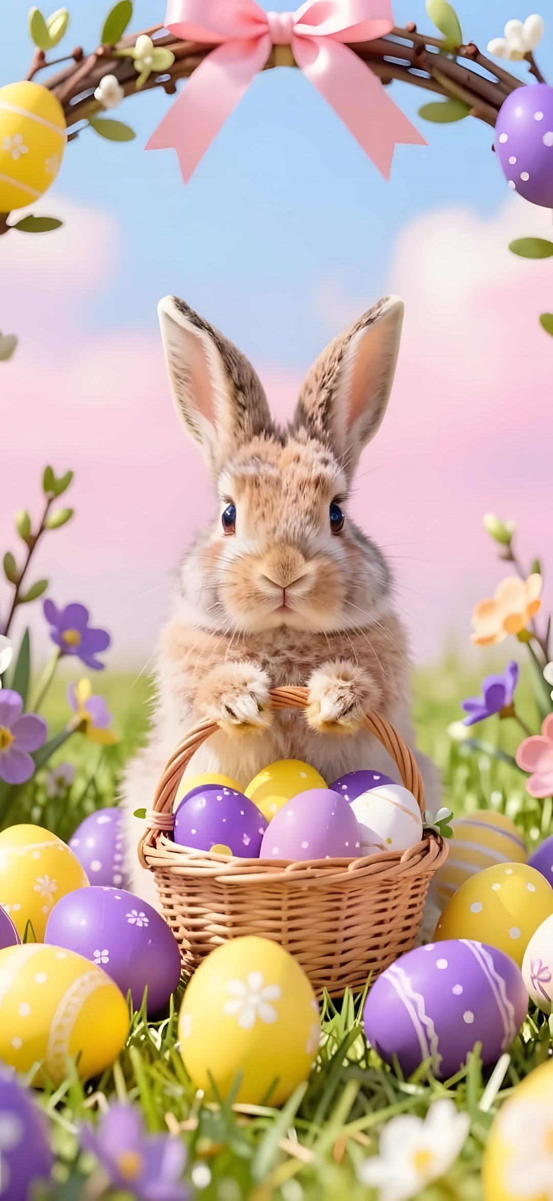 a rabbit is sitting in the grass with some easter eggs and flowers around its neck Halloween Easter Ideas silver